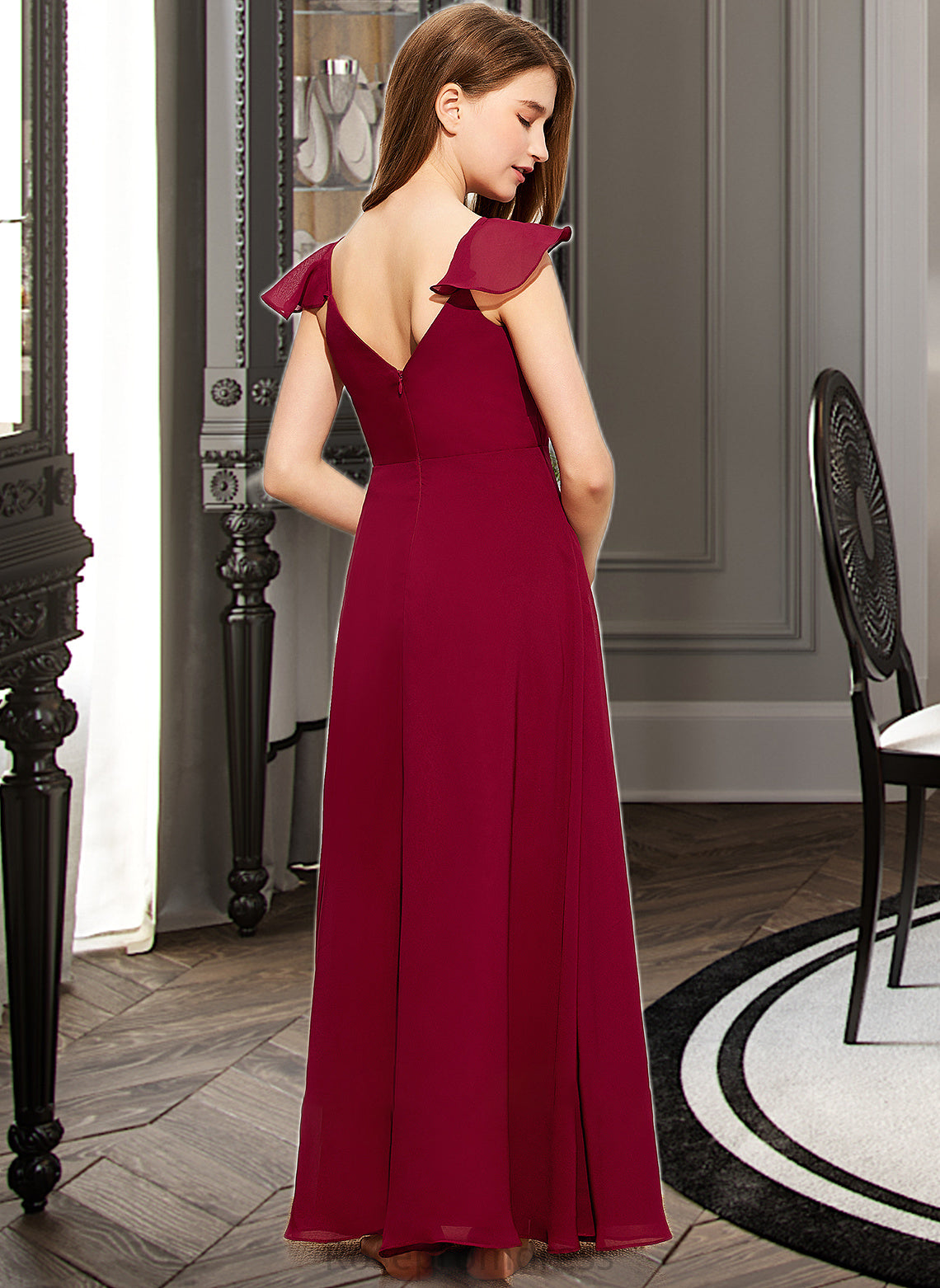 Alana A-Line V-neck Floor-Length Chiffon Junior Bridesmaid Dress With Ruffle SRSP0013461