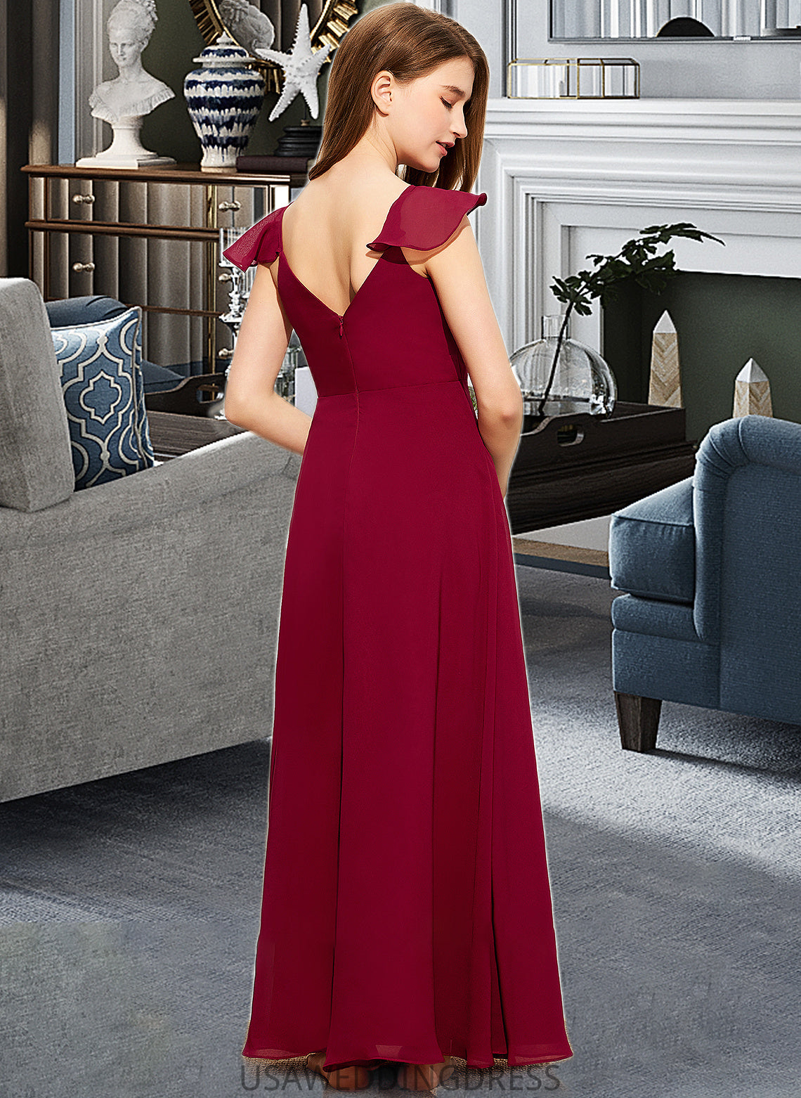 Madilynn A-Line V-neck Floor-Length Chiffon Junior Bridesmaid Dress With Ruffle DSP0013461