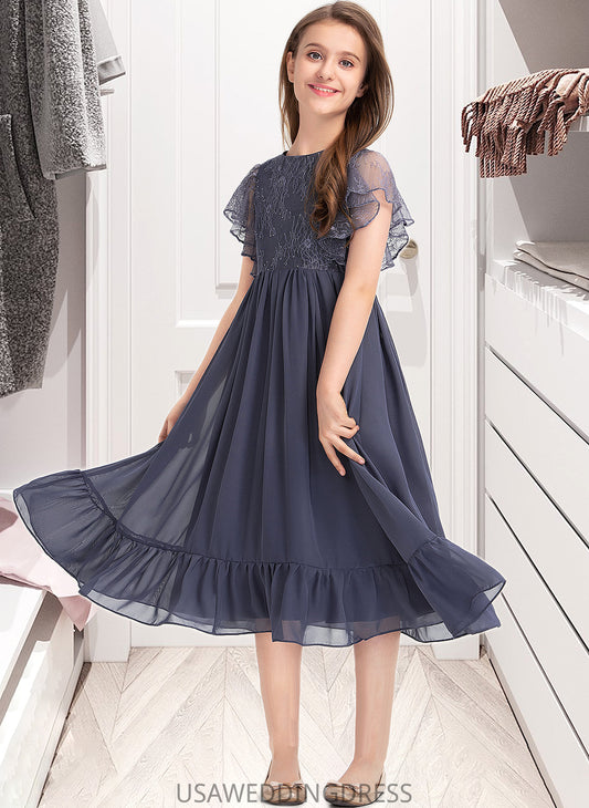 Harriet A-Line Scoop Neck Knee-Length Chiffon Lace Junior Bridesmaid Dress With Cascading Ruffles DSP0013462