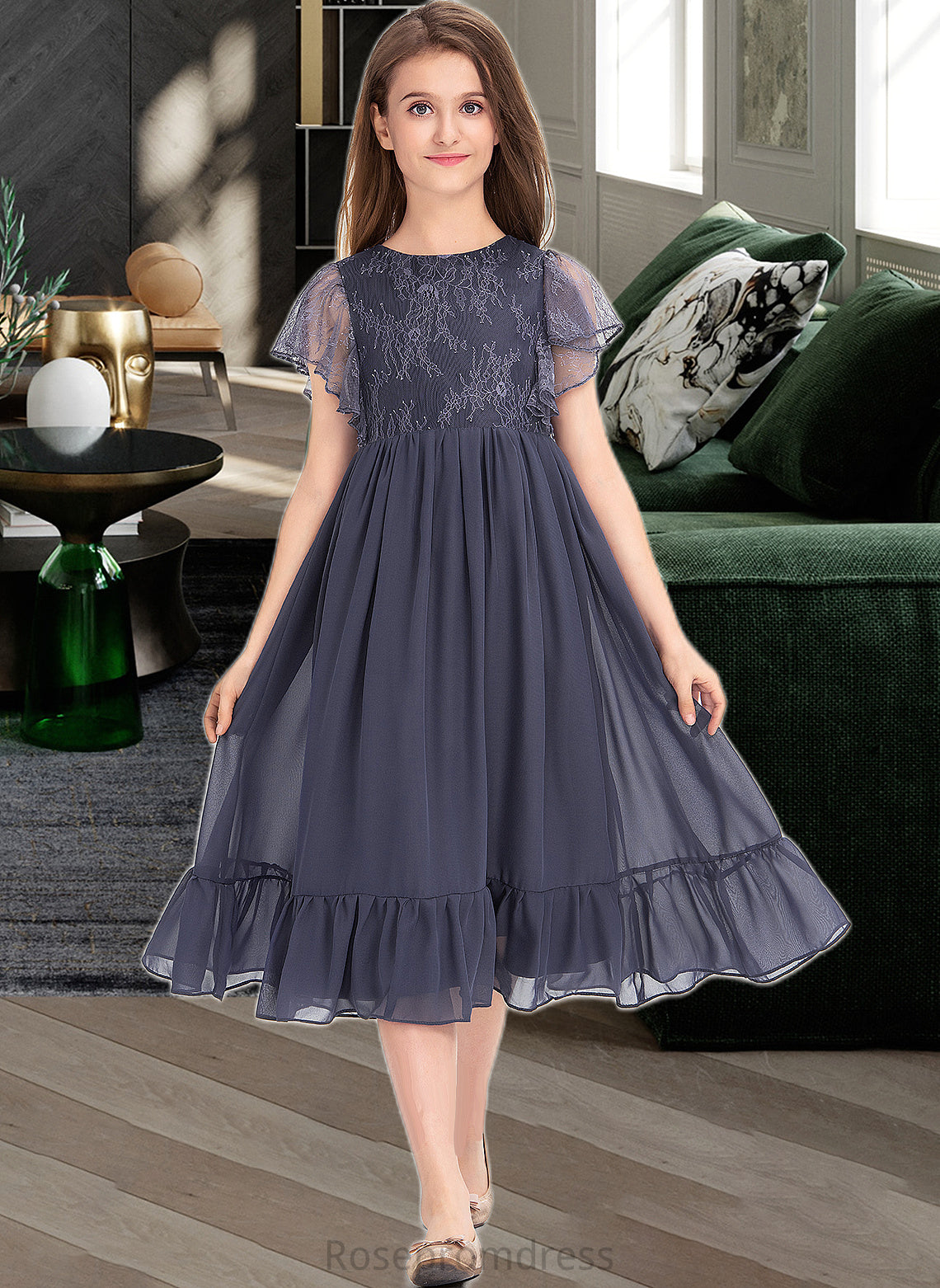 Gracelyn A-Line Scoop Neck Knee-Length Chiffon Lace Junior Bridesmaid Dress With Cascading Ruffles SRSP0013462