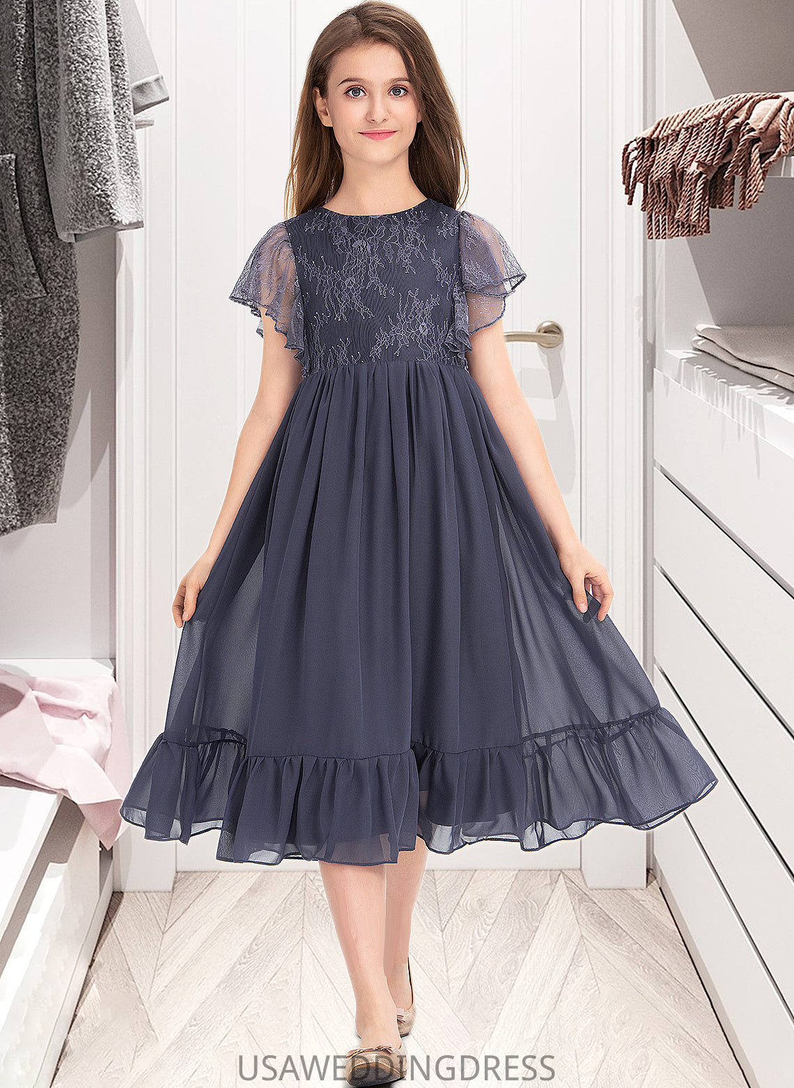 Harriet A-Line Scoop Neck Knee-Length Chiffon Lace Junior Bridesmaid Dress With Cascading Ruffles DSP0013462