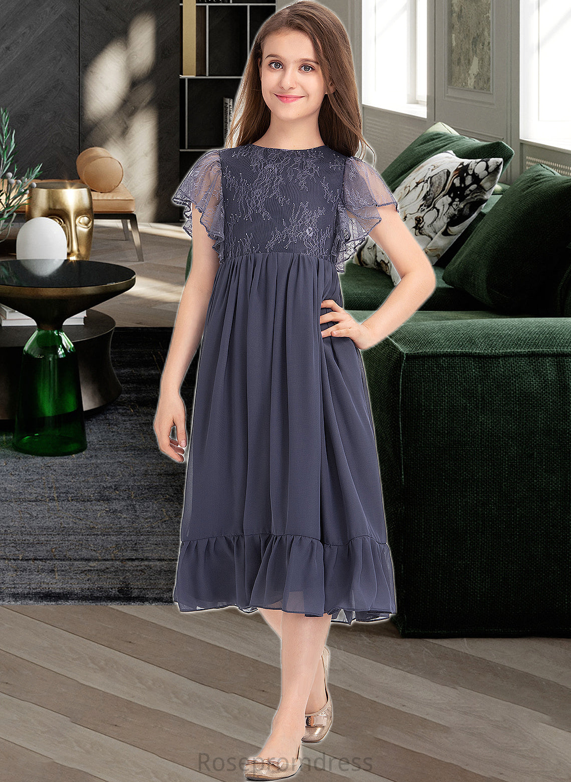 Gracelyn A-Line Scoop Neck Knee-Length Chiffon Lace Junior Bridesmaid Dress With Cascading Ruffles SRSP0013462