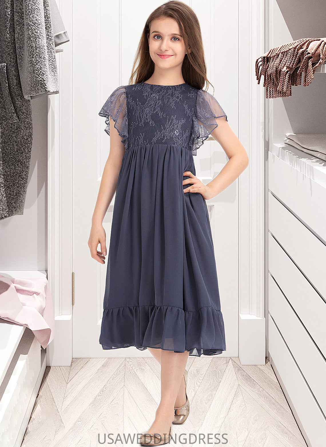 Harriet A-Line Scoop Neck Knee-Length Chiffon Lace Junior Bridesmaid Dress With Cascading Ruffles DSP0013462