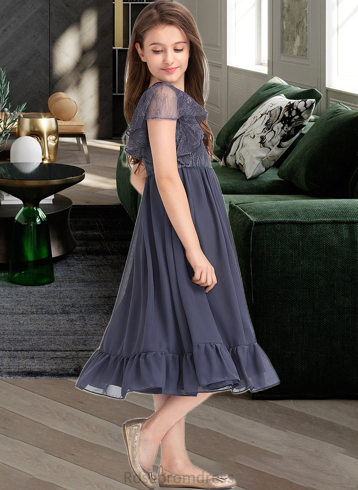 Gracelyn A-Line Scoop Neck Knee-Length Chiffon Lace Junior Bridesmaid Dress With Cascading Ruffles SRSP0013462