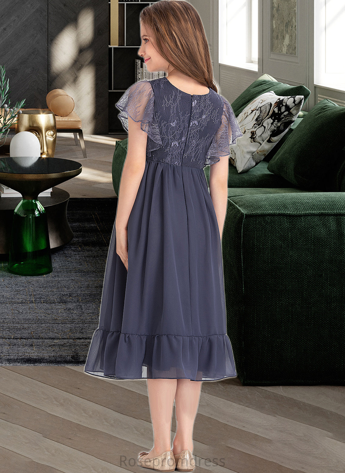 Gracelyn A-Line Scoop Neck Knee-Length Chiffon Lace Junior Bridesmaid Dress With Cascading Ruffles SRSP0013462