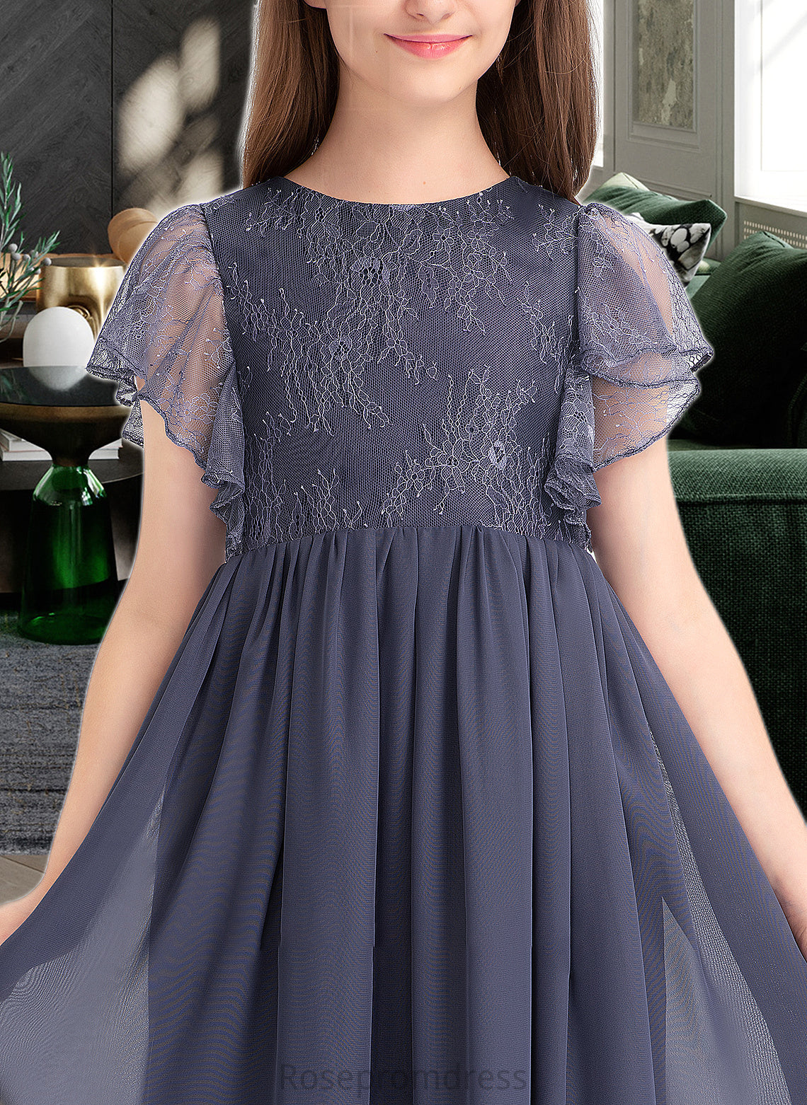 Gracelyn A-Line Scoop Neck Knee-Length Chiffon Lace Junior Bridesmaid Dress With Cascading Ruffles SRSP0013462