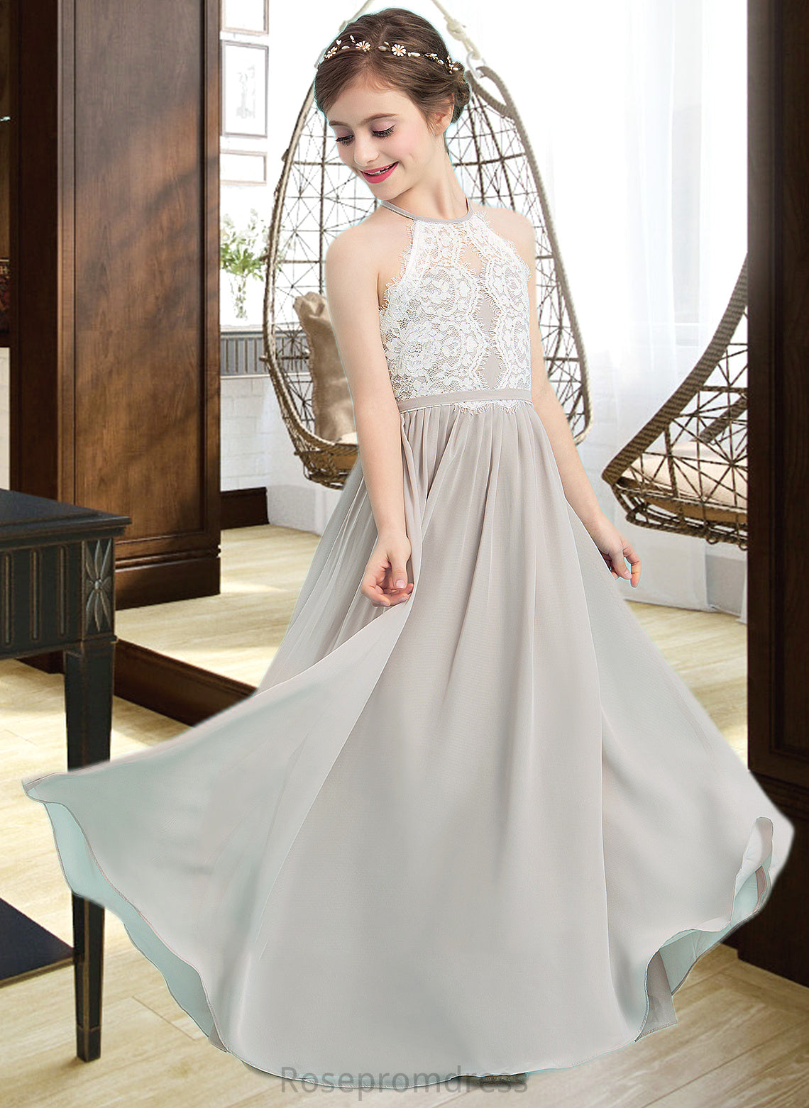 Maci A-Line Scoop Neck Floor-Length Chiffon Junior Bridesmaid Dress SRSP0013463