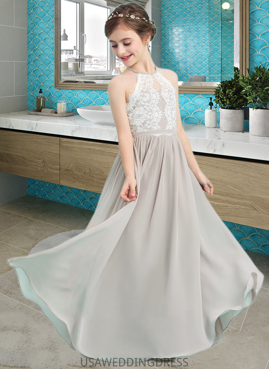 Ina A-Line Scoop Neck Floor-Length Chiffon Junior Bridesmaid Dress DSP0013463