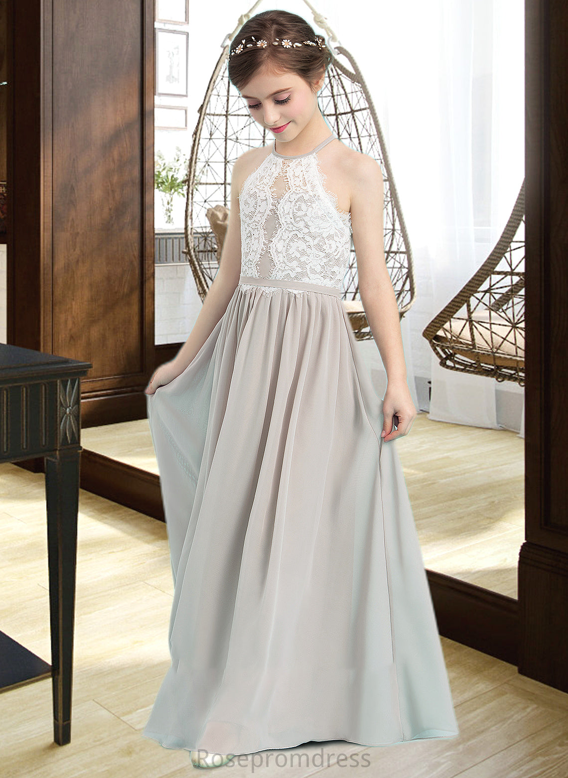 Maci A-Line Scoop Neck Floor-Length Chiffon Junior Bridesmaid Dress SRSP0013463