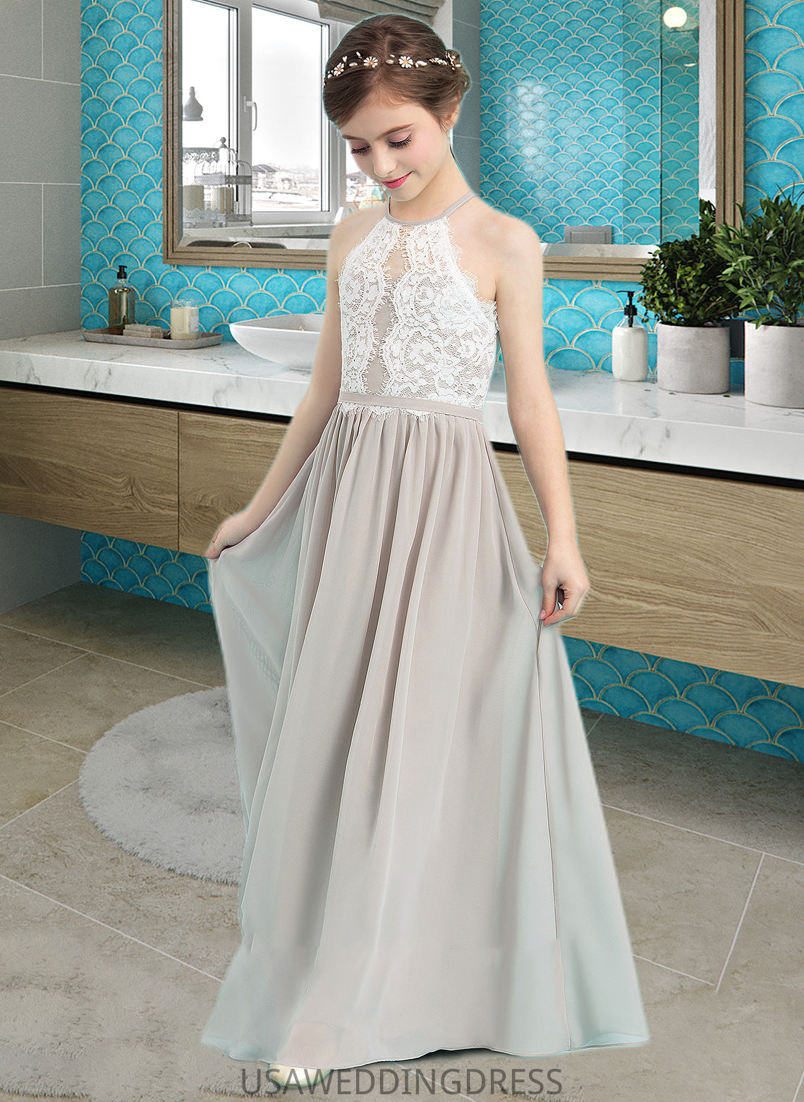 Ina A-Line Scoop Neck Floor-Length Chiffon Junior Bridesmaid Dress DSP0013463