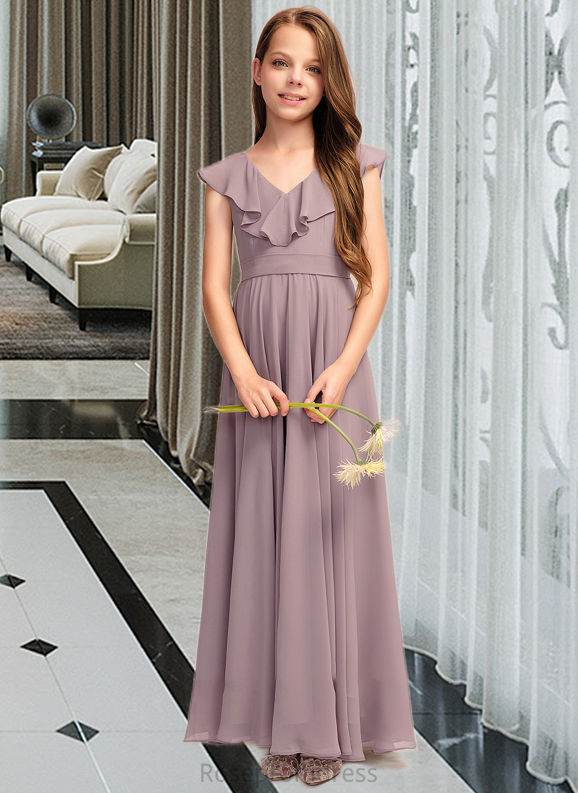 Izabella A-Line V-neck Floor-Length Chiffon Junior Bridesmaid Dress With Cascading Ruffles SRSP0013464