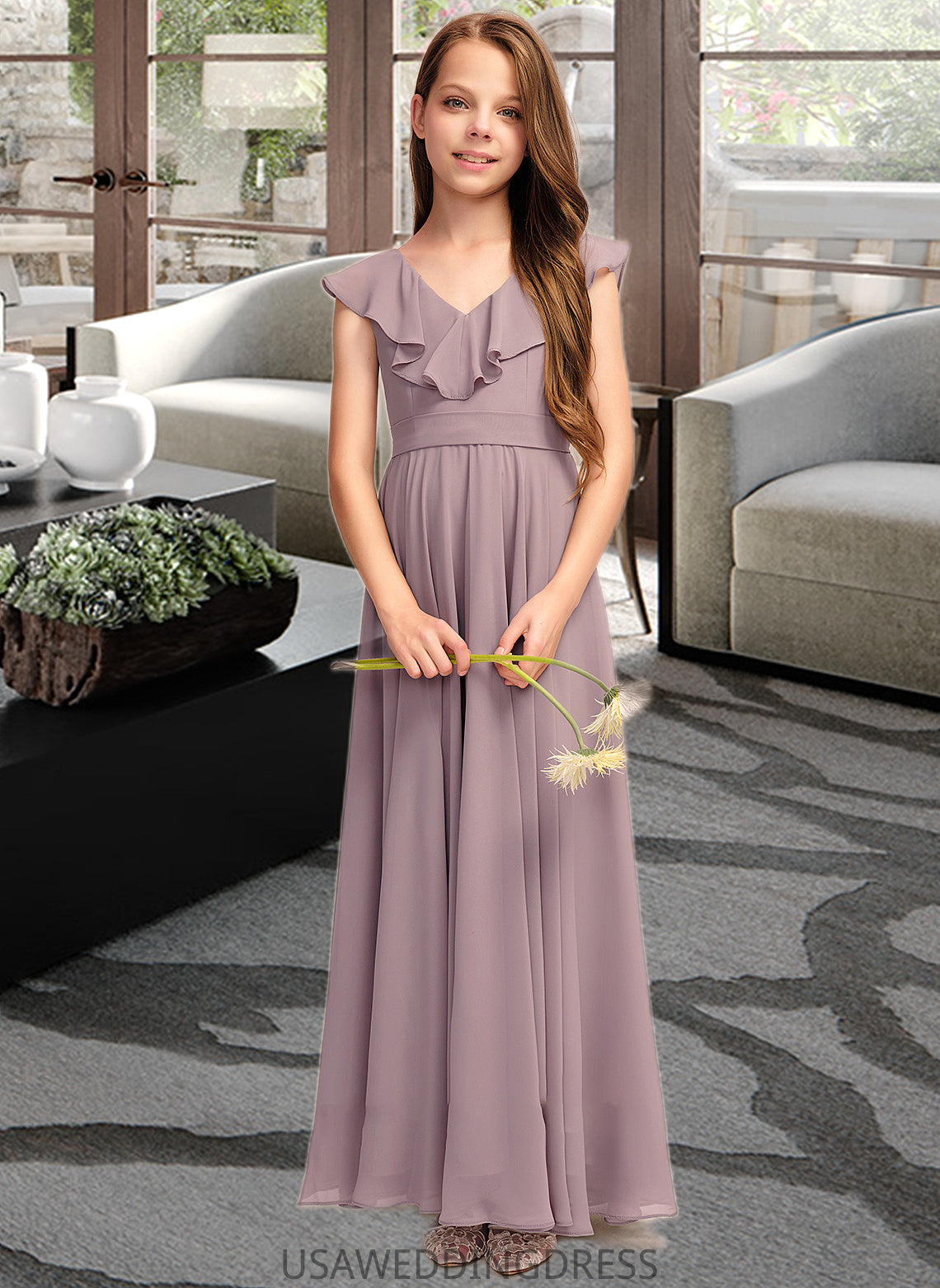 Adelaide A-Line V-neck Floor-Length Chiffon Junior Bridesmaid Dress With Cascading Ruffles DSP0013464