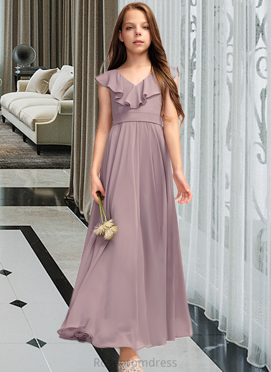 Izabella A-Line V-neck Floor-Length Chiffon Junior Bridesmaid Dress With Cascading Ruffles SRSP0013464