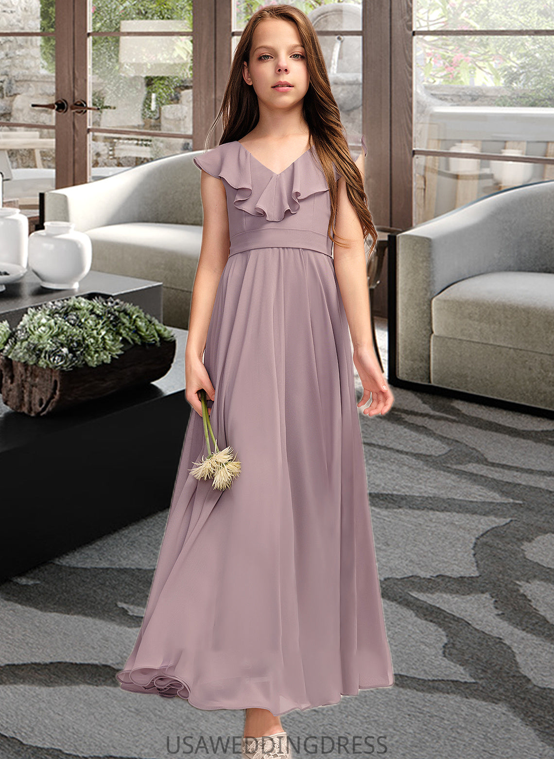 Adelaide A-Line V-neck Floor-Length Chiffon Junior Bridesmaid Dress With Cascading Ruffles DSP0013464