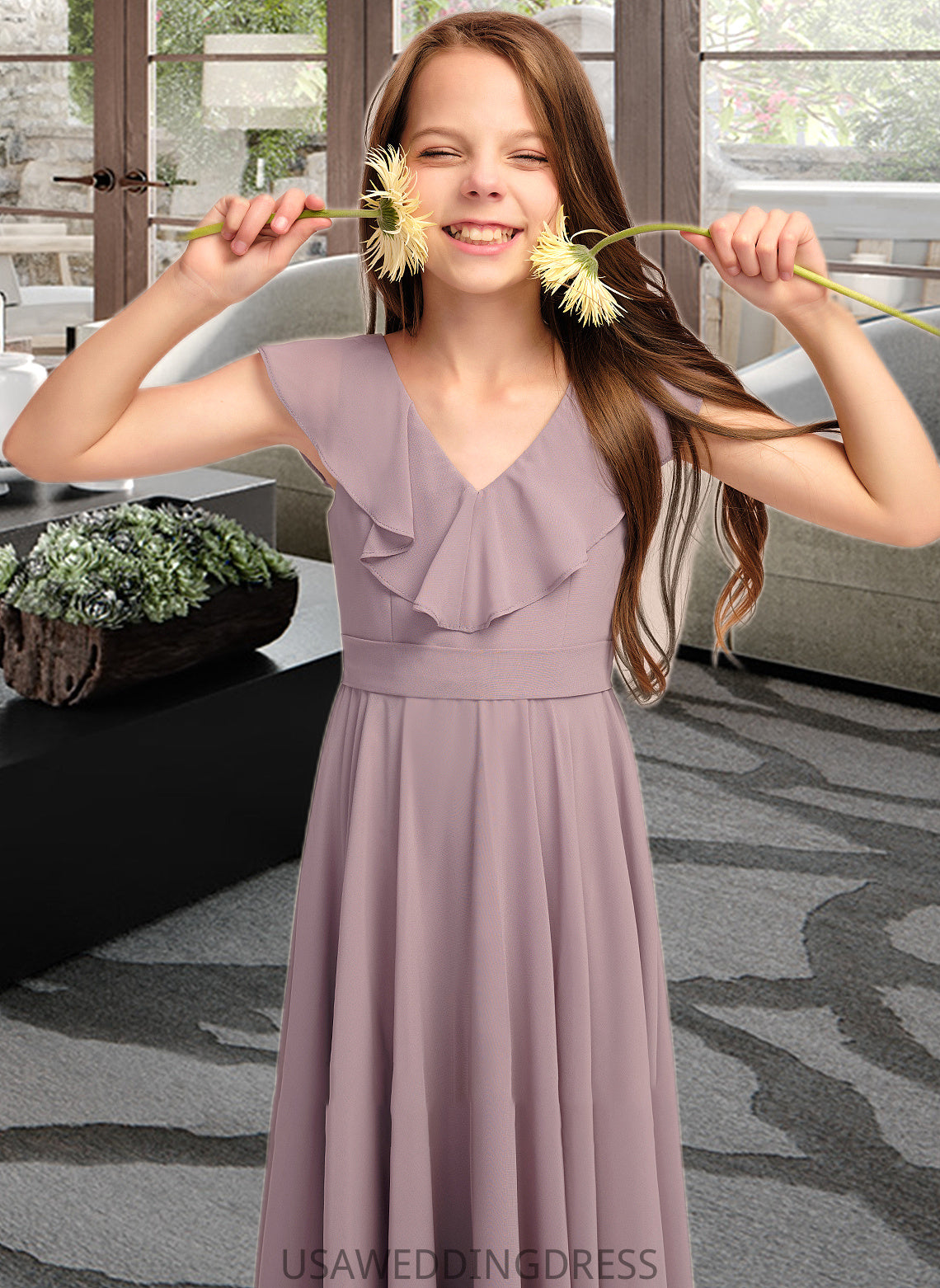 Adelaide A-Line V-neck Floor-Length Chiffon Junior Bridesmaid Dress With Cascading Ruffles DSP0013464