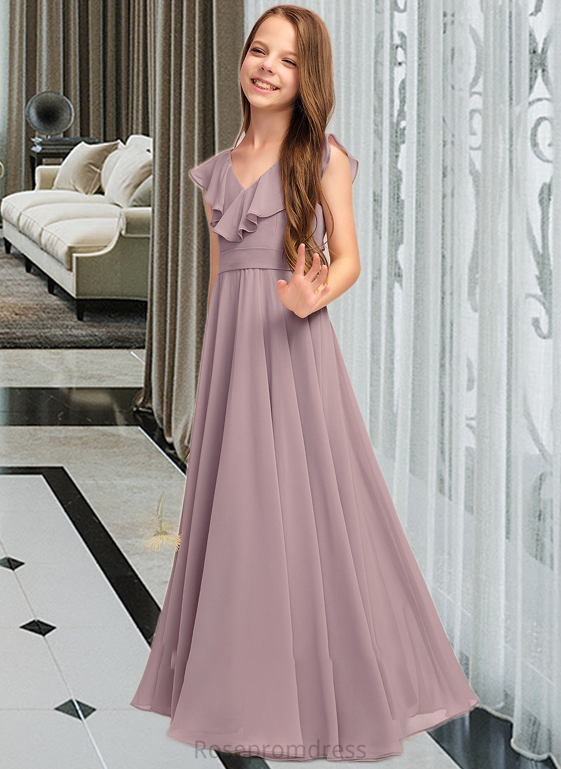 Izabella A-Line V-neck Floor-Length Chiffon Junior Bridesmaid Dress With Cascading Ruffles SRSP0013464