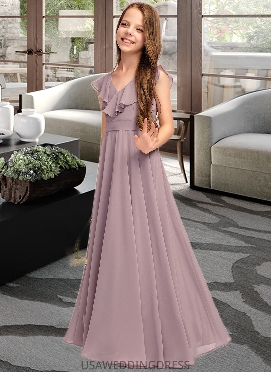 Adelaide A-Line V-neck Floor-Length Chiffon Junior Bridesmaid Dress With Cascading Ruffles DSP0013464