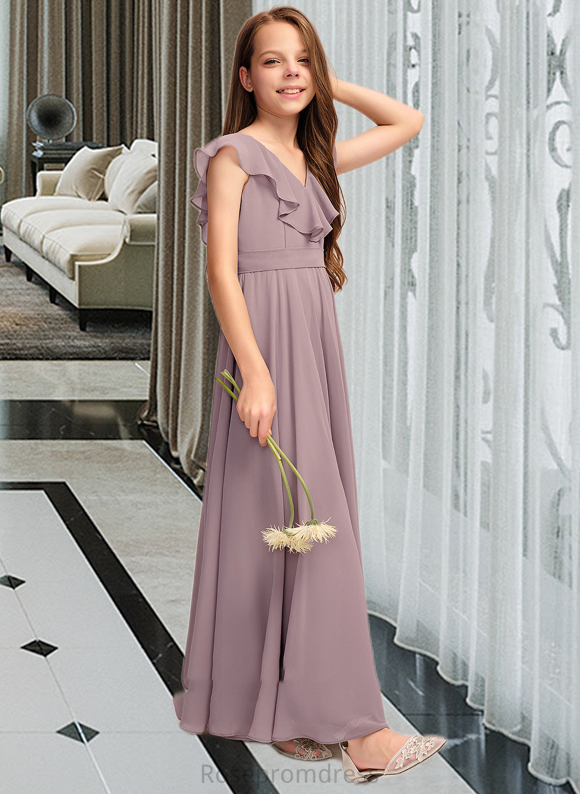 Izabella A-Line V-neck Floor-Length Chiffon Junior Bridesmaid Dress With Cascading Ruffles SRSP0013464