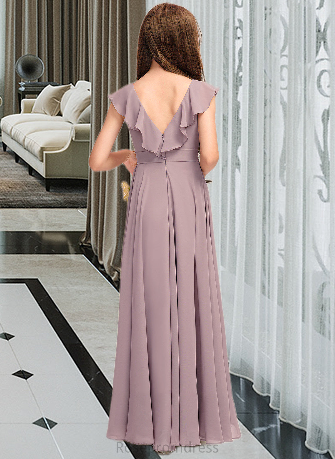 Izabella A-Line V-neck Floor-Length Chiffon Junior Bridesmaid Dress With Cascading Ruffles SRSP0013464