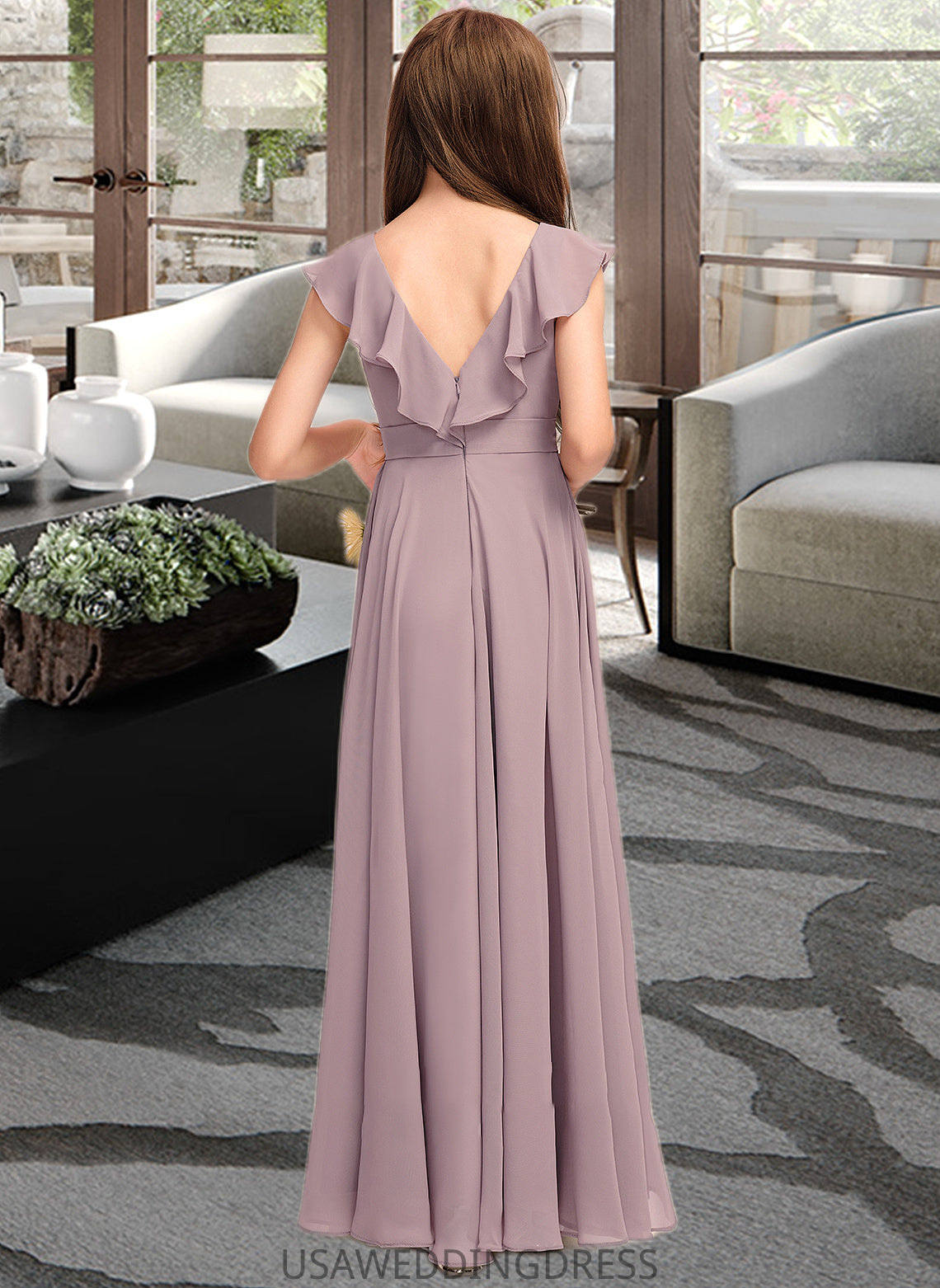 Adelaide A-Line V-neck Floor-Length Chiffon Junior Bridesmaid Dress With Cascading Ruffles DSP0013464