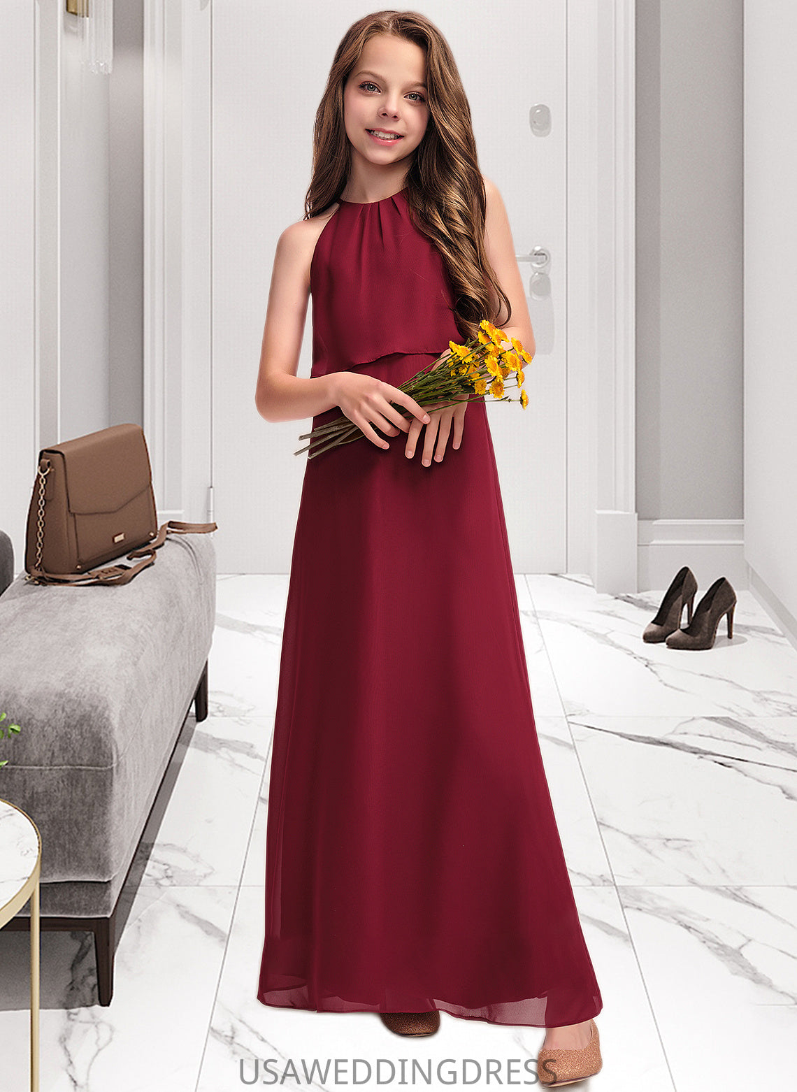 Janelle A-Line Scoop Neck Floor-Length Chiffon Junior Bridesmaid Dress With Ruffles DSP0013465