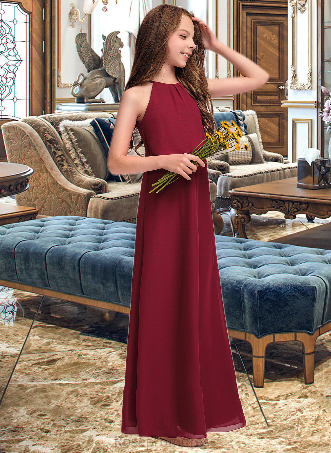 Aimee A-Line Scoop Neck Floor-Length Chiffon Junior Bridesmaid Dress With Ruffles SRSP0013465