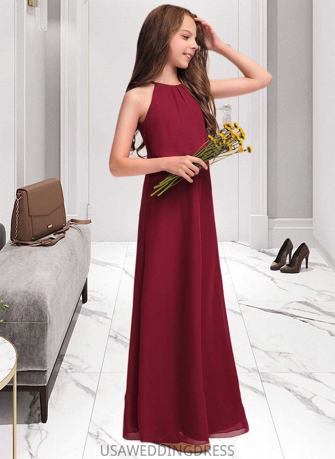 Janelle A-Line Scoop Neck Floor-Length Chiffon Junior Bridesmaid Dress With Ruffles DSP0013465