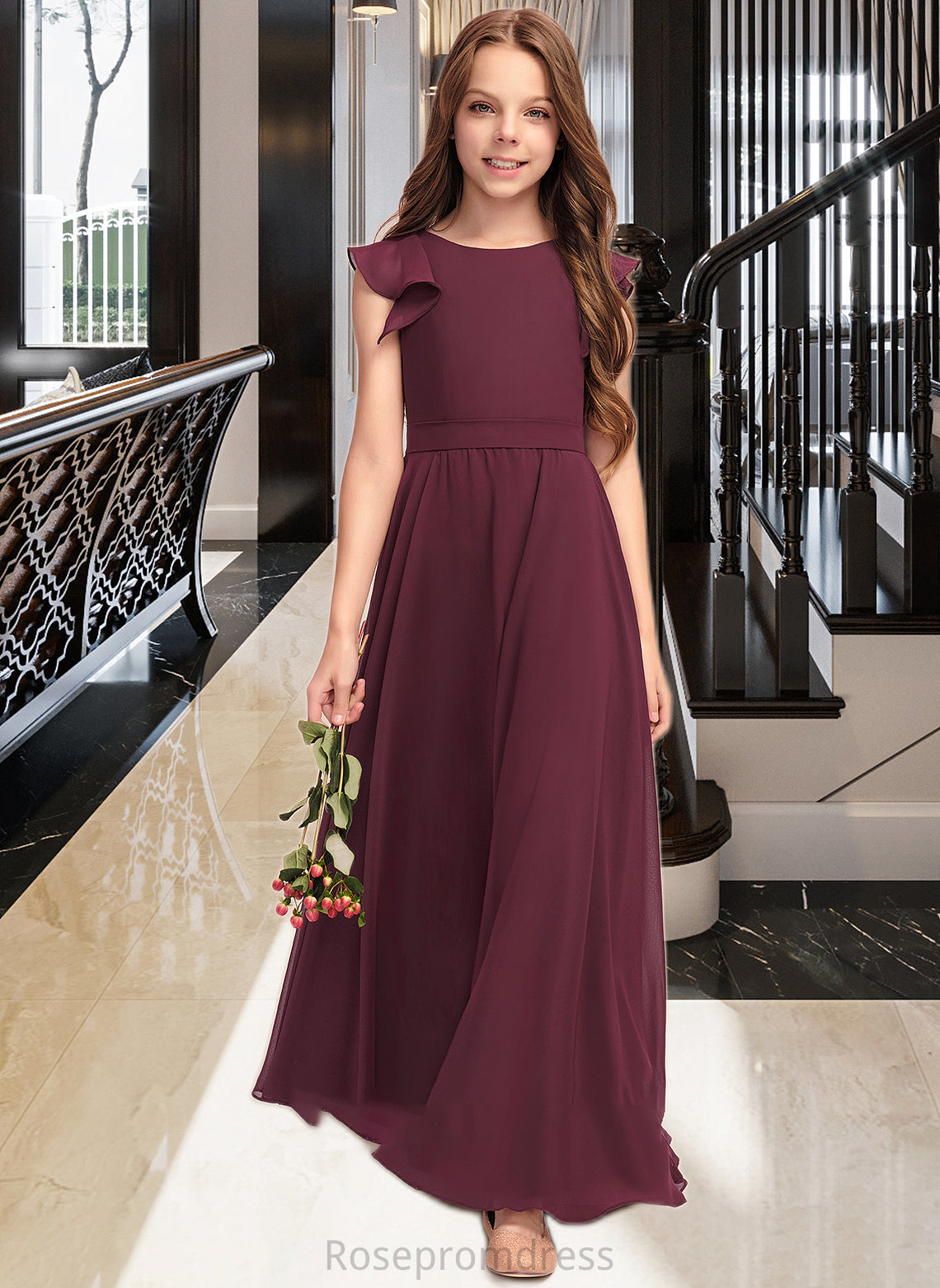 Melody A-Line Scoop Neck Floor-Length Chiffon Junior Bridesmaid Dress With Cascading Ruffles SRSP0013466