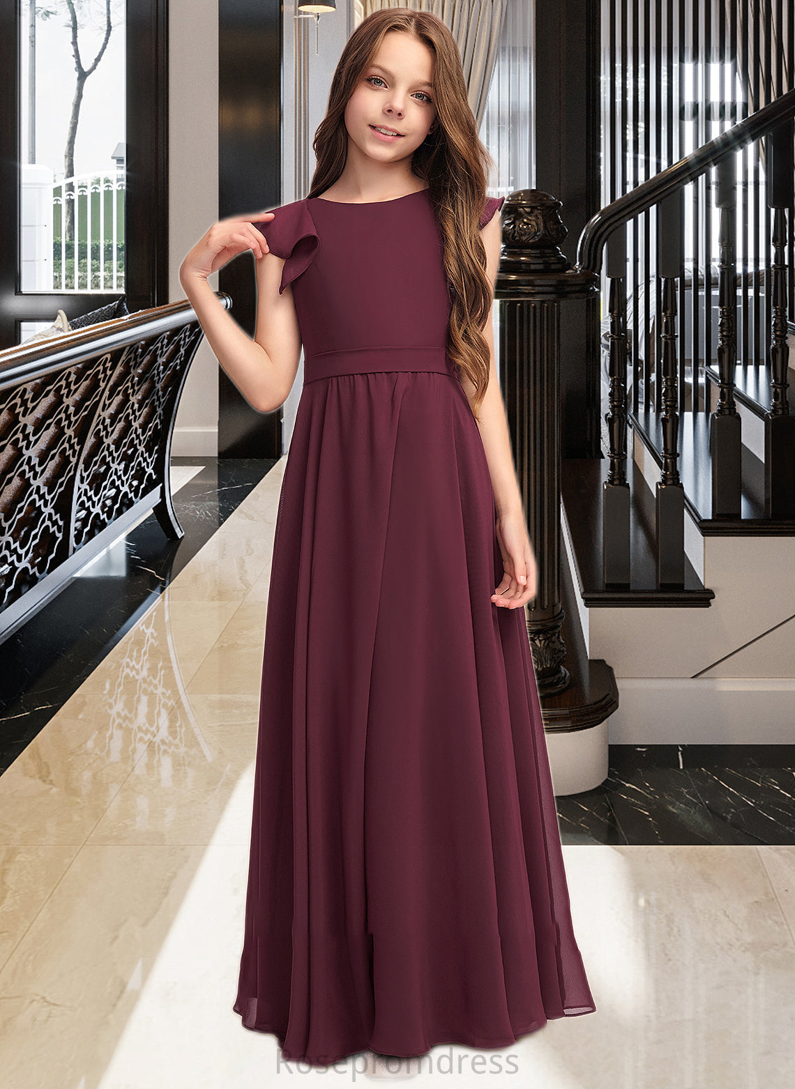 Melody A-Line Scoop Neck Floor-Length Chiffon Junior Bridesmaid Dress With Cascading Ruffles SRSP0013466