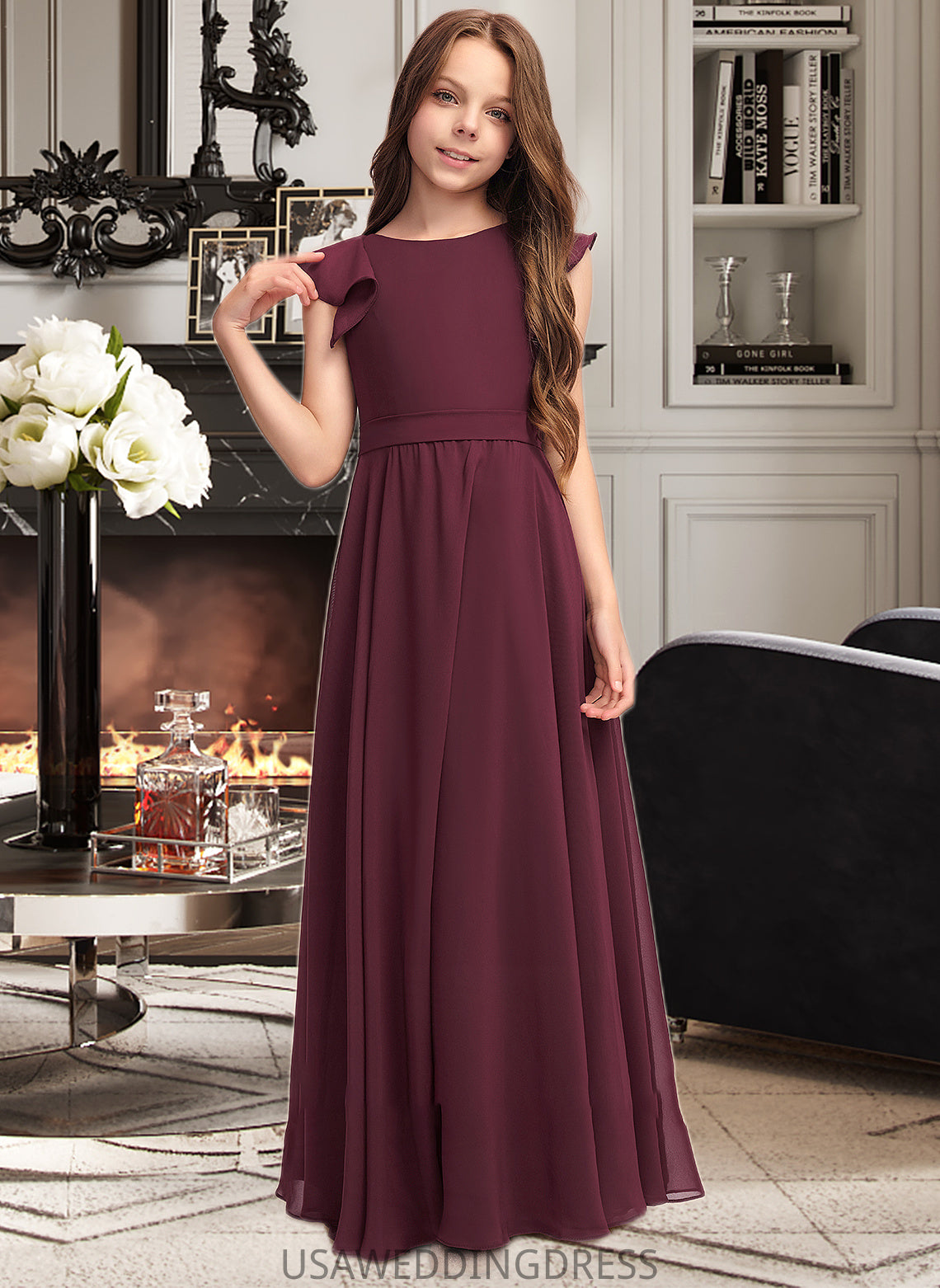 Carlie A-Line Scoop Neck Floor-Length Chiffon Junior Bridesmaid Dress With Cascading Ruffles DSP0013466