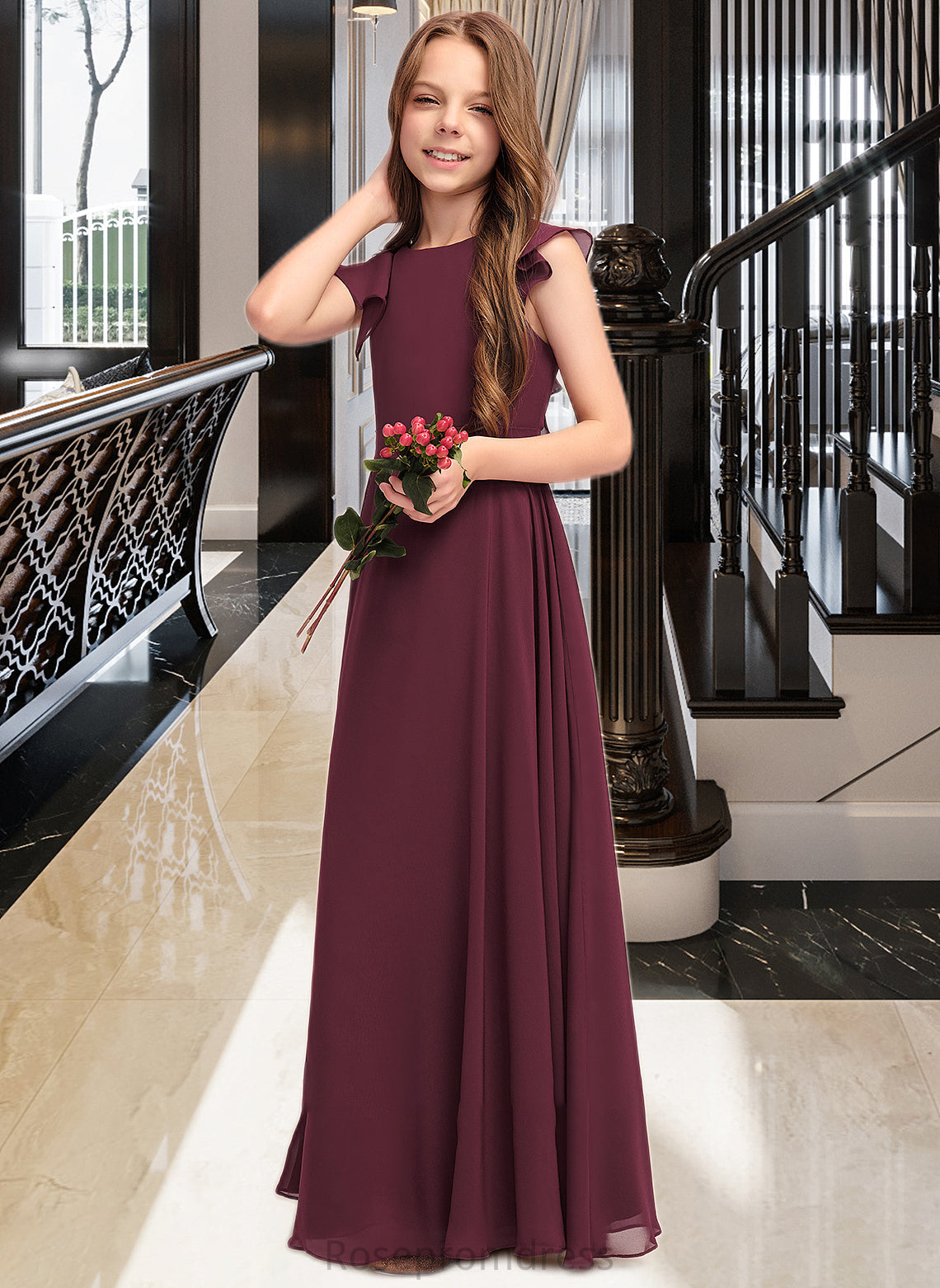 Melody A-Line Scoop Neck Floor-Length Chiffon Junior Bridesmaid Dress With Cascading Ruffles SRSP0013466