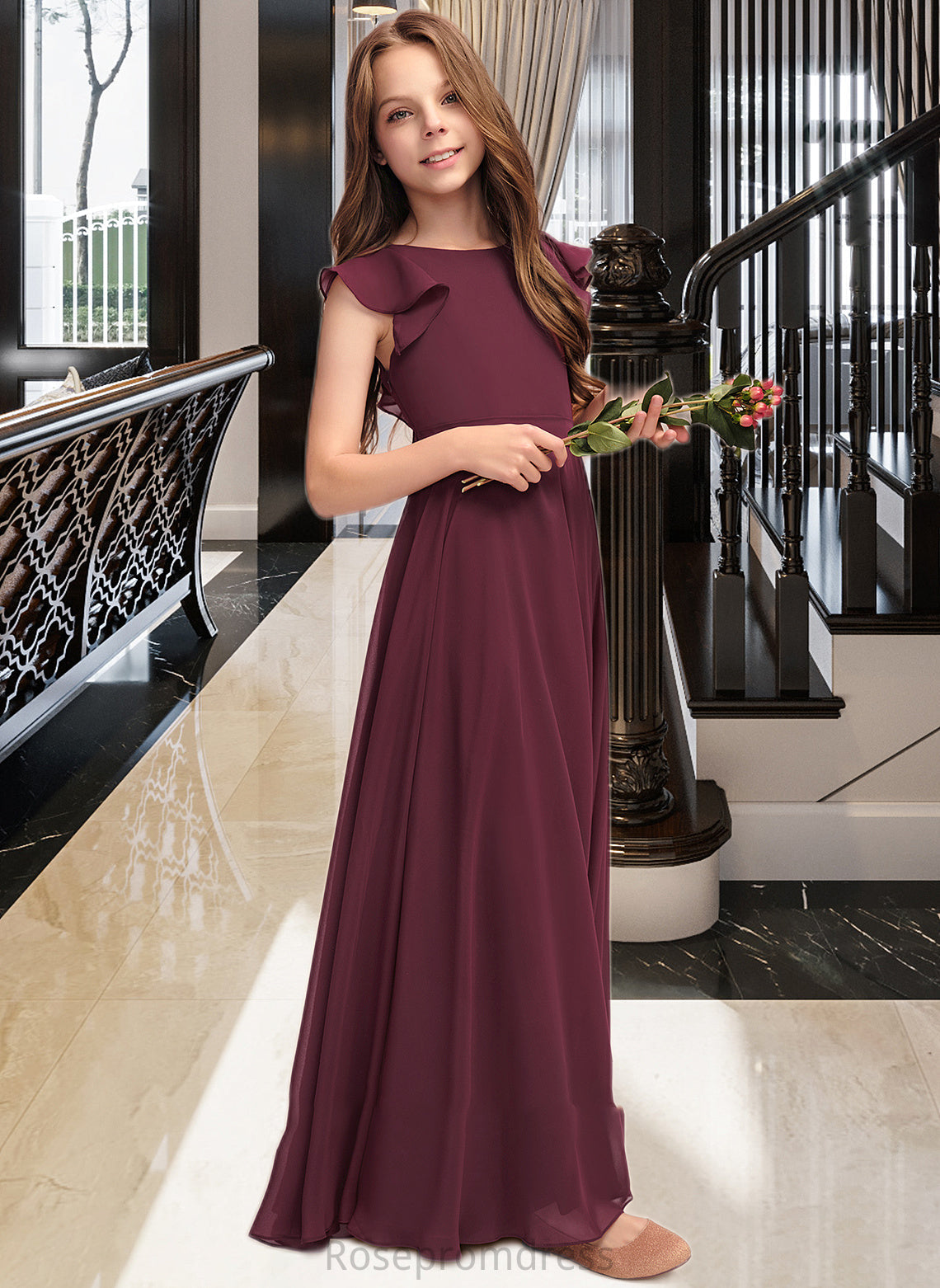 Melody A-Line Scoop Neck Floor-Length Chiffon Junior Bridesmaid Dress With Cascading Ruffles SRSP0013466