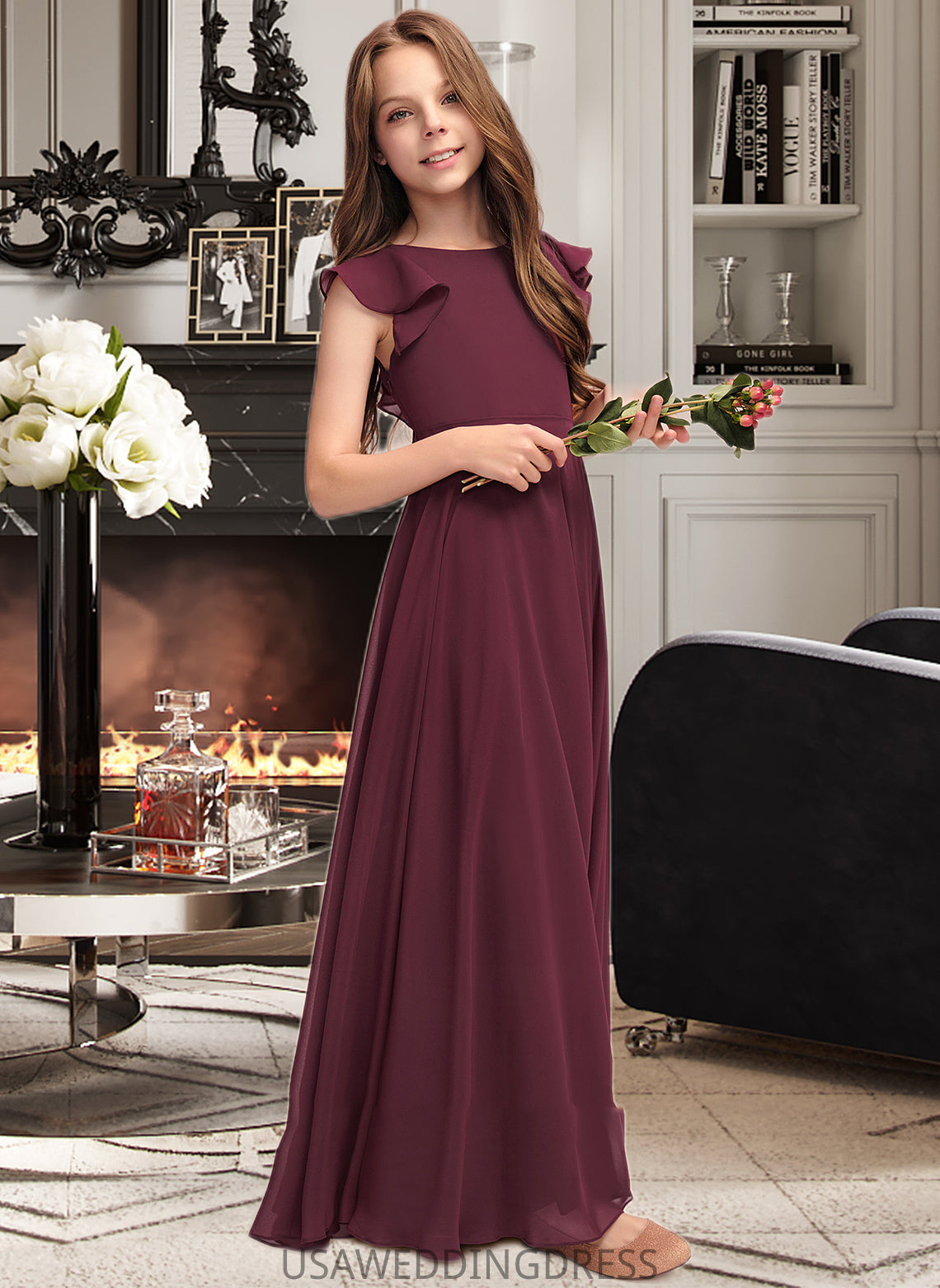 Carlie A-Line Scoop Neck Floor-Length Chiffon Junior Bridesmaid Dress With Cascading Ruffles DSP0013466