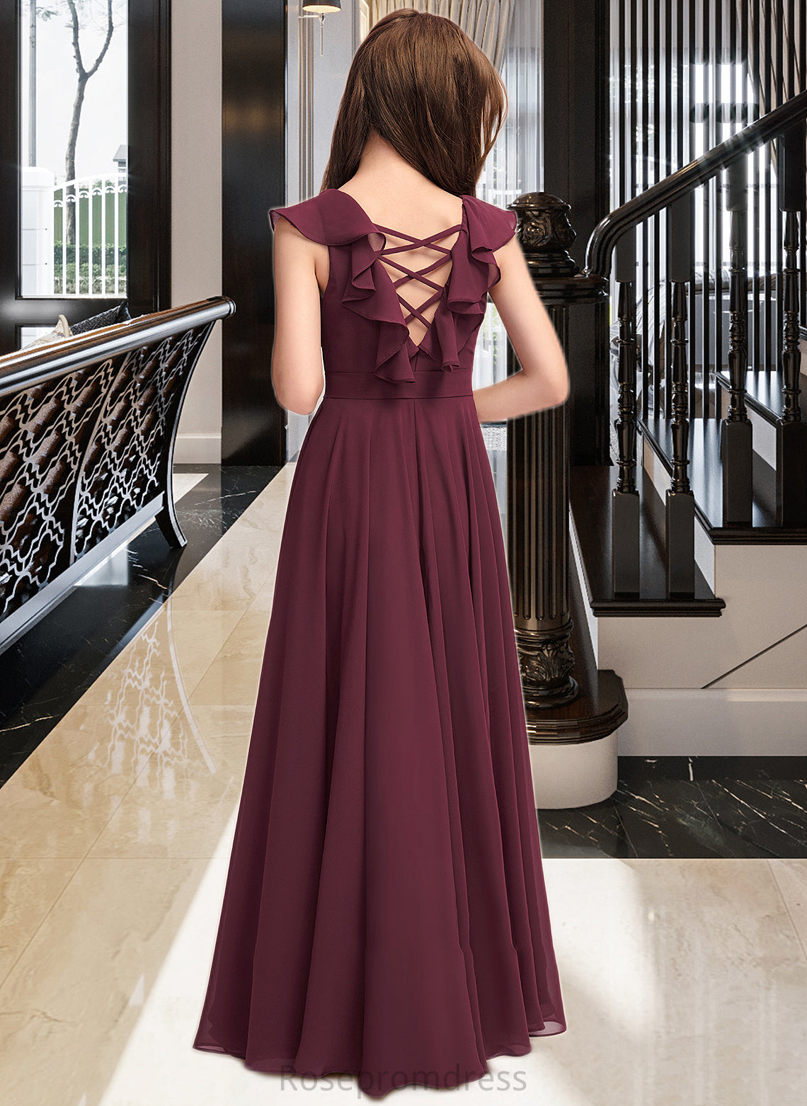 Melody A-Line Scoop Neck Floor-Length Chiffon Junior Bridesmaid Dress With Cascading Ruffles SRSP0013466