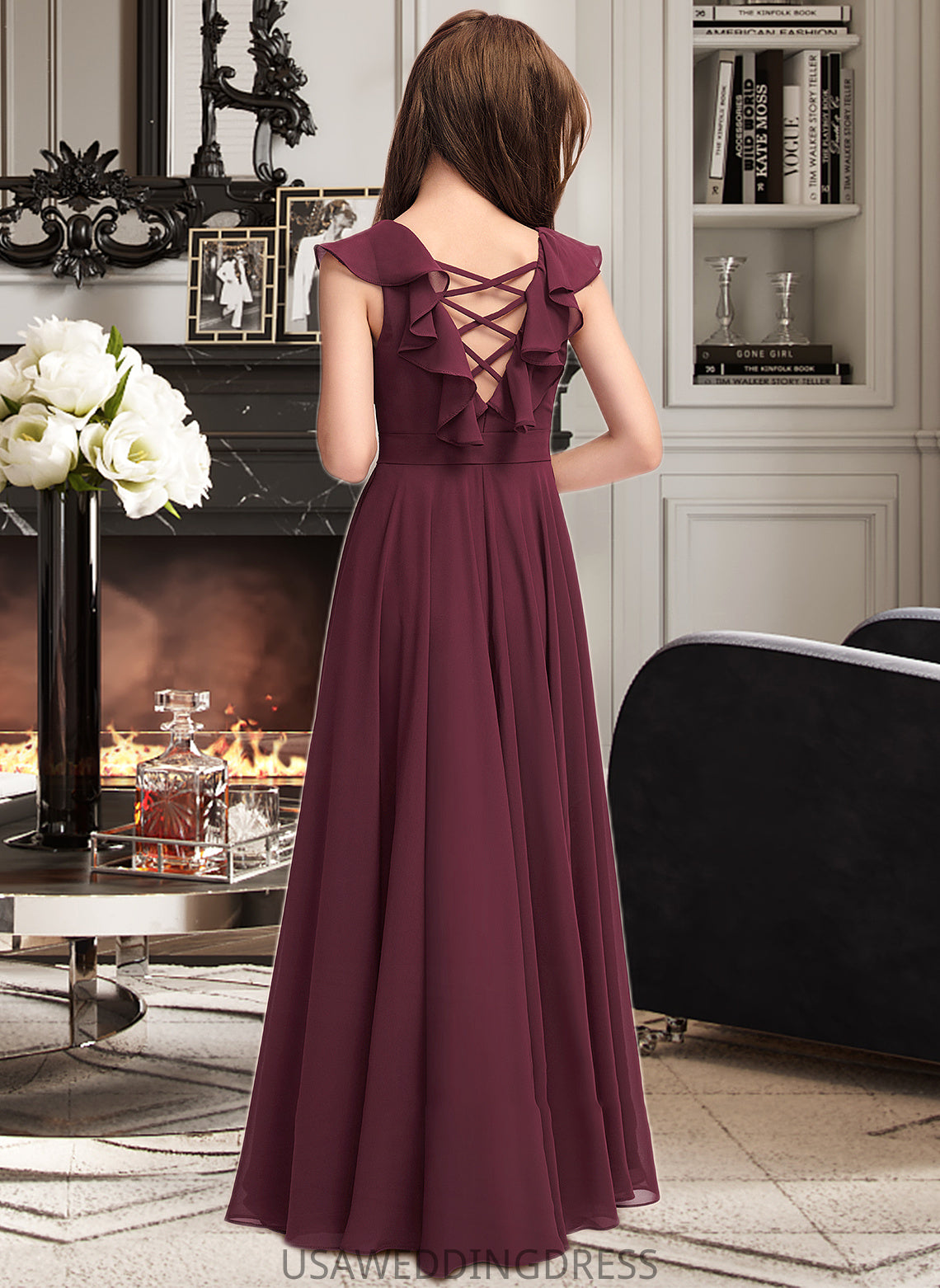 Carlie A-Line Scoop Neck Floor-Length Chiffon Junior Bridesmaid Dress With Cascading Ruffles DSP0013466