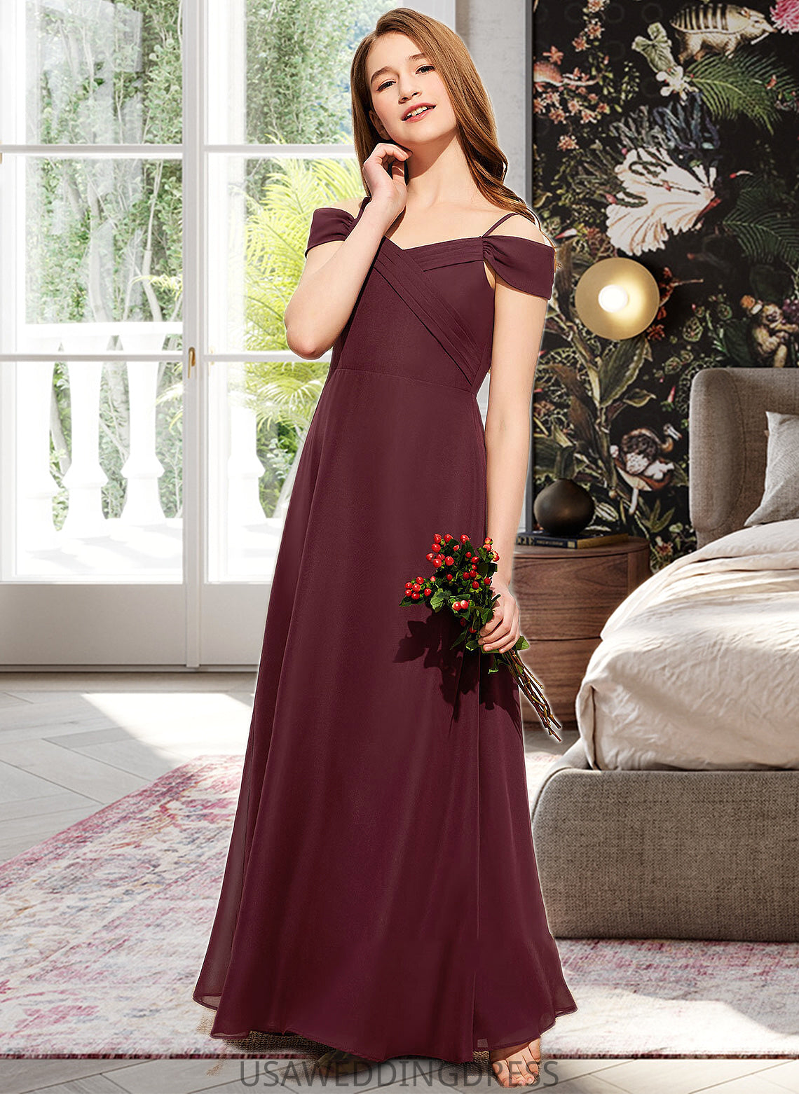 Gabriela A-Line Off-the-Shoulder Floor-Length Chiffon Junior Bridesmaid Dress With Ruffle DSP0013467