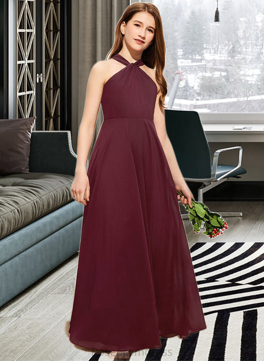 Lila A-Line V-neck Floor-Length Chiffon Junior Bridesmaid Dress With Ruffle SRSP0013468