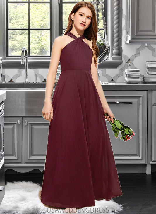 Gwendoline A-Line V-neck Floor-Length Chiffon Junior Bridesmaid Dress With Ruffle DSP0013468