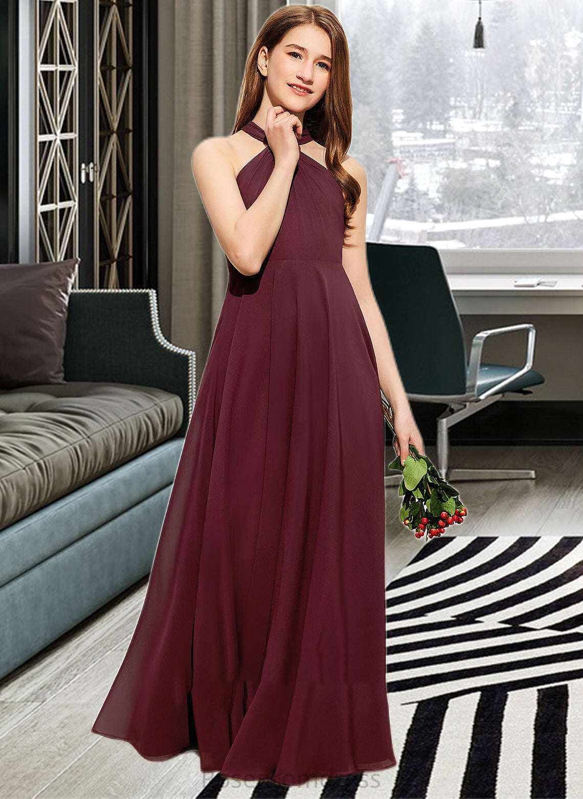 Lila A-Line V-neck Floor-Length Chiffon Junior Bridesmaid Dress With Ruffle SRSP0013468