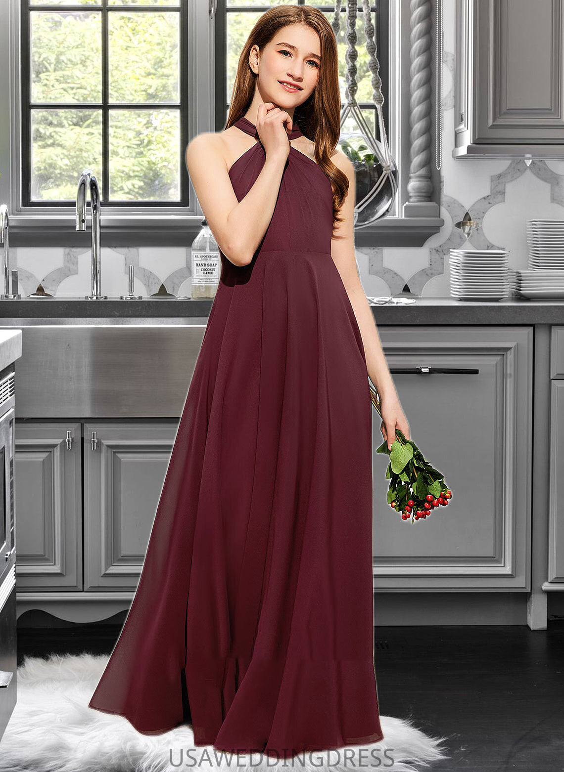 Gwendoline A-Line V-neck Floor-Length Chiffon Junior Bridesmaid Dress With Ruffle DSP0013468