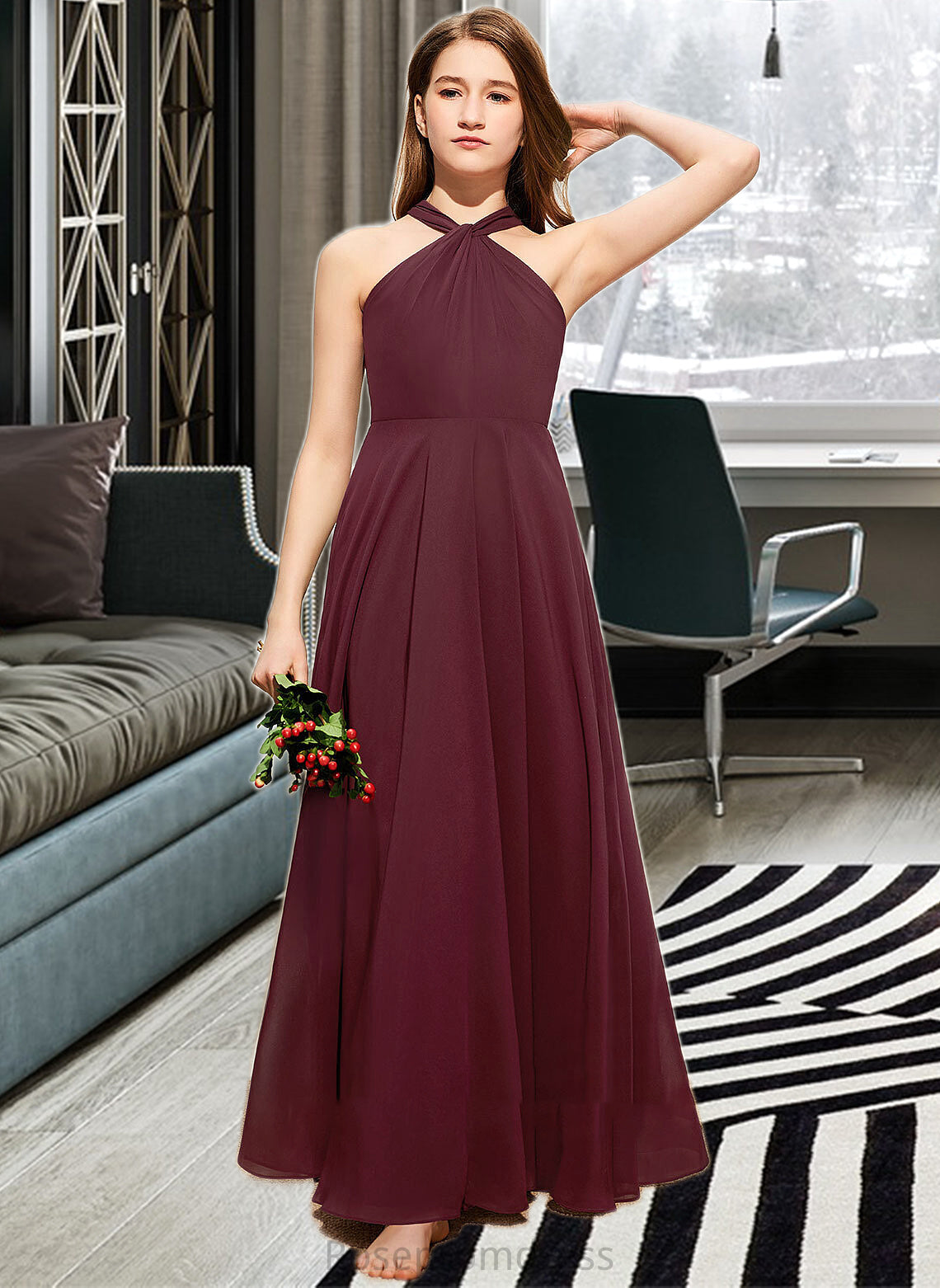 Lila A-Line V-neck Floor-Length Chiffon Junior Bridesmaid Dress With Ruffle SRSP0013468