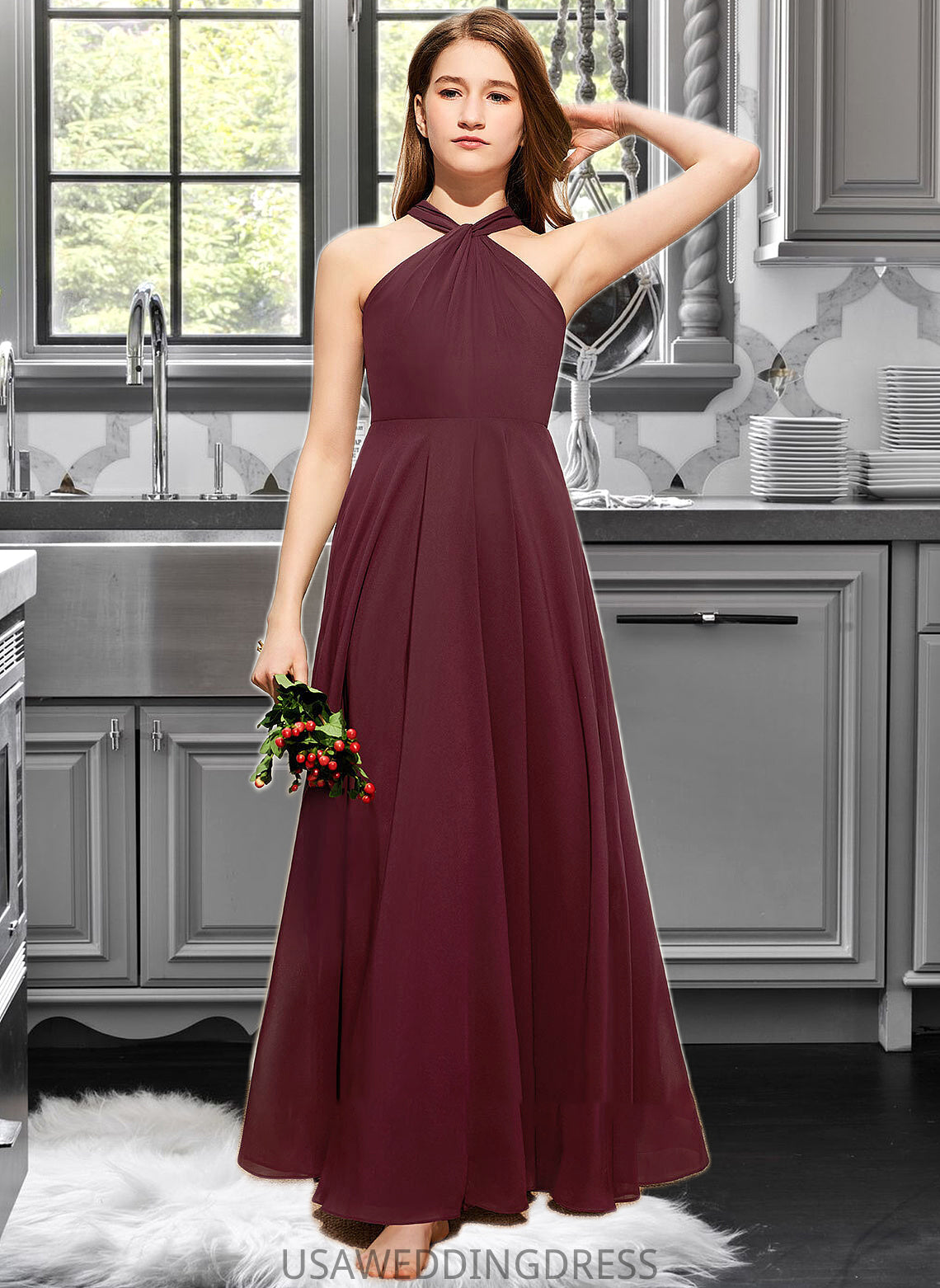 Gwendoline A-Line V-neck Floor-Length Chiffon Junior Bridesmaid Dress With Ruffle DSP0013468