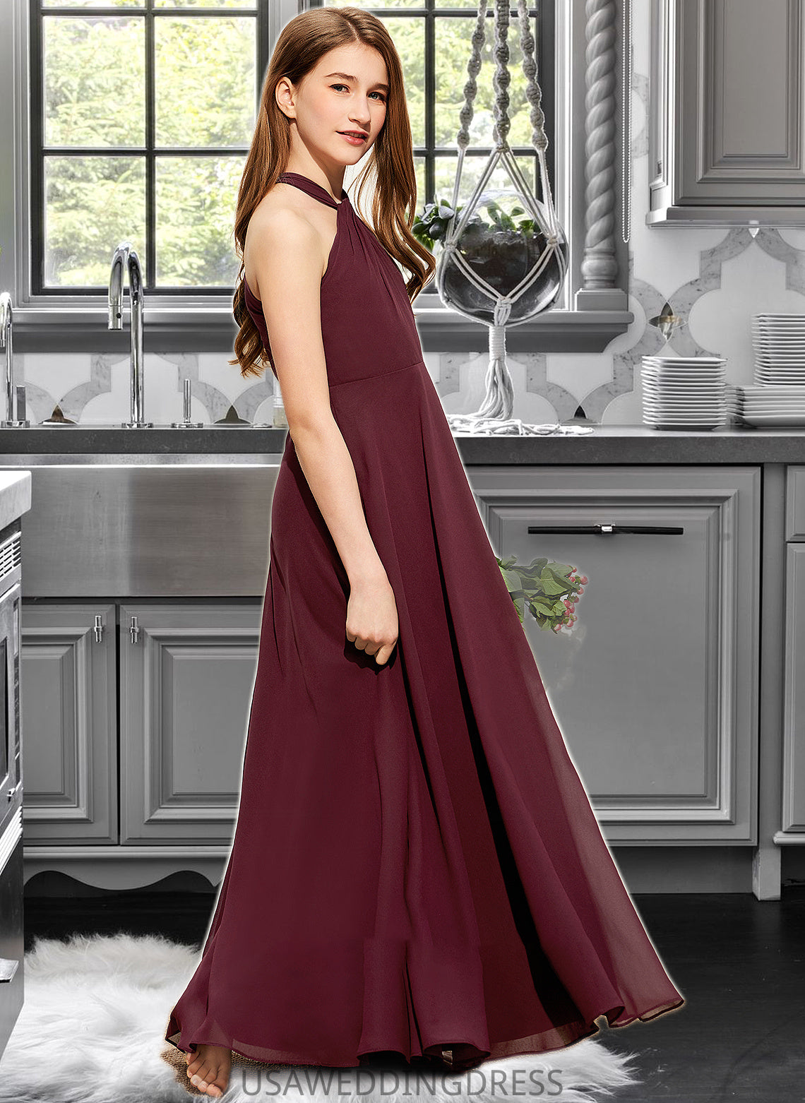 Gwendoline A-Line V-neck Floor-Length Chiffon Junior Bridesmaid Dress With Ruffle DSP0013468