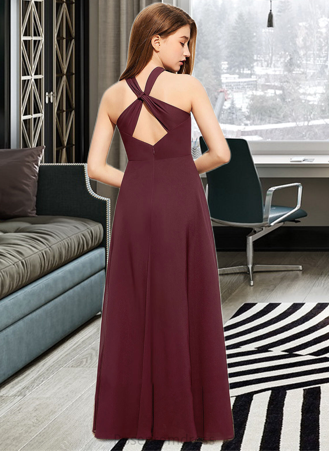 Lila A-Line V-neck Floor-Length Chiffon Junior Bridesmaid Dress With Ruffle SRSP0013468