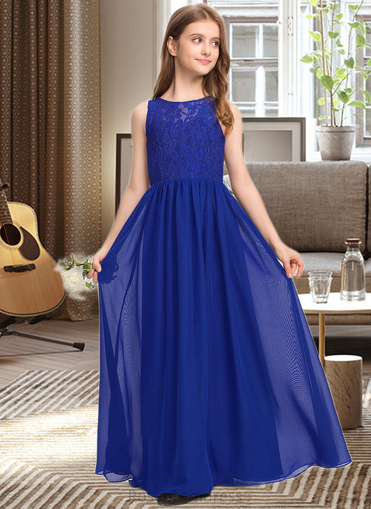 Emmalee A-Line Scoop Neck Floor-Length Chiffon Lace Junior Bridesmaid Dress SRSP0013469