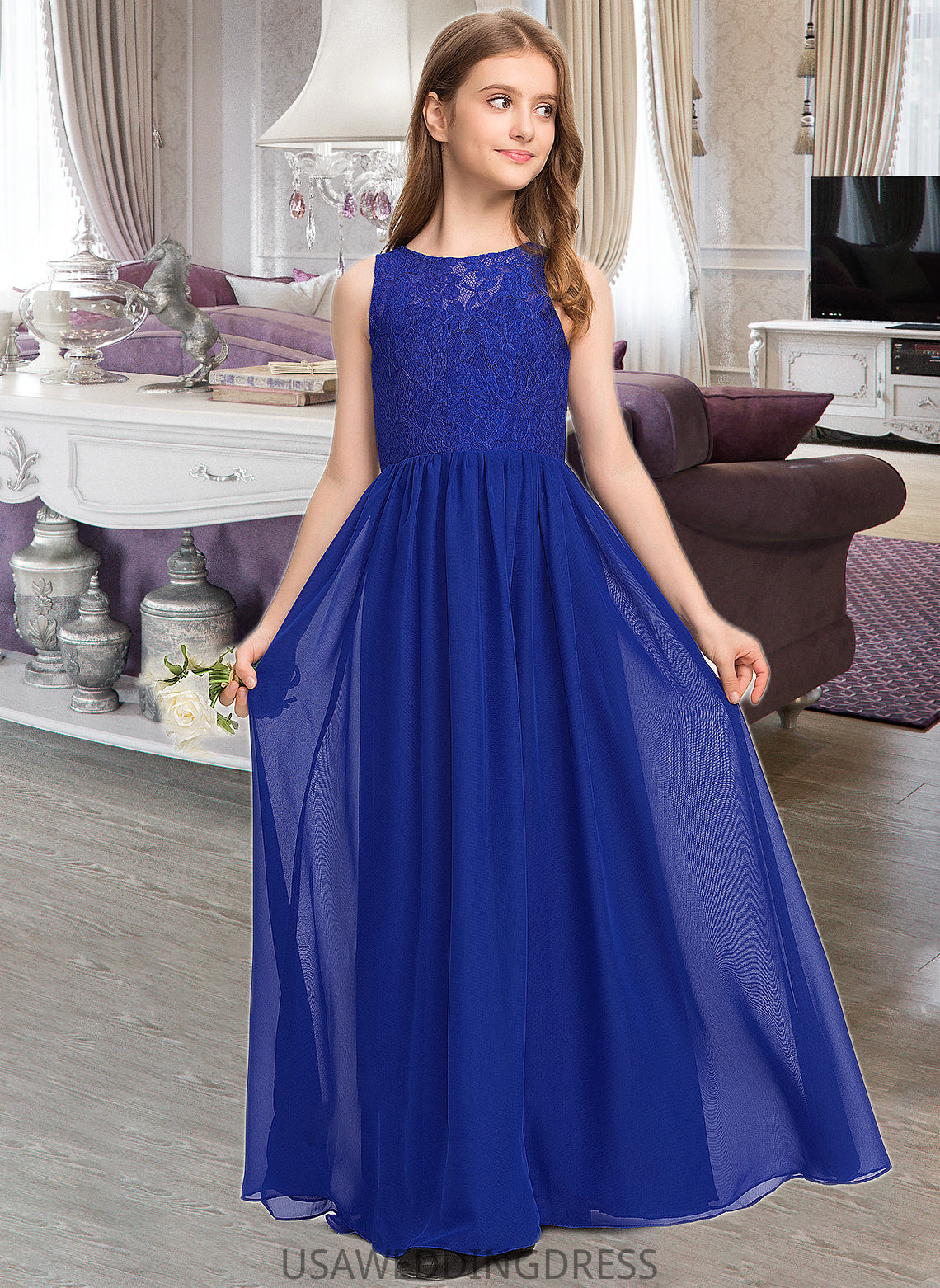 Kaylie A-Line Scoop Neck Floor-Length Chiffon Lace Junior Bridesmaid Dress DSP0013469