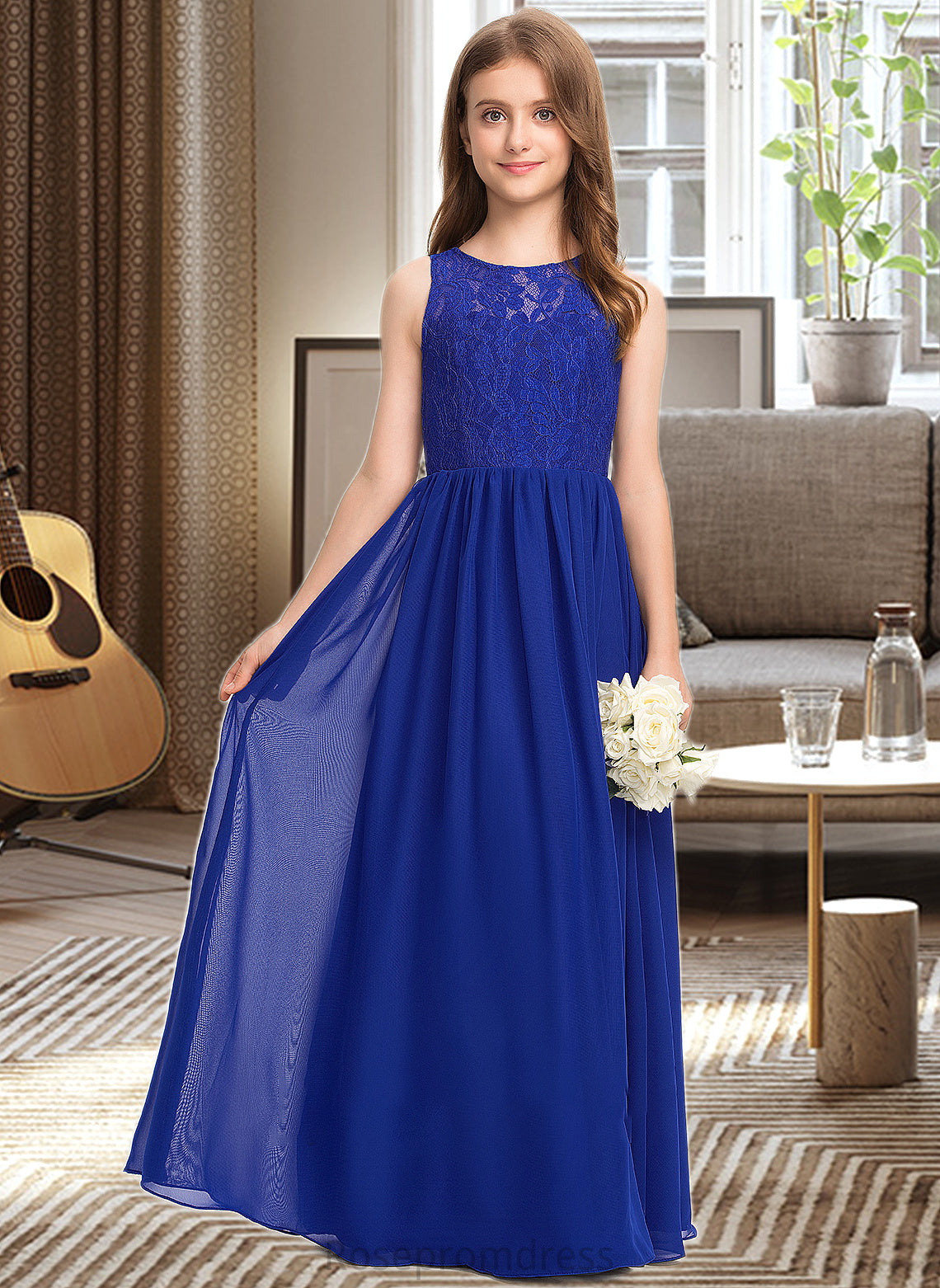 Emmalee A-Line Scoop Neck Floor-Length Chiffon Lace Junior Bridesmaid Dress SRSP0013469