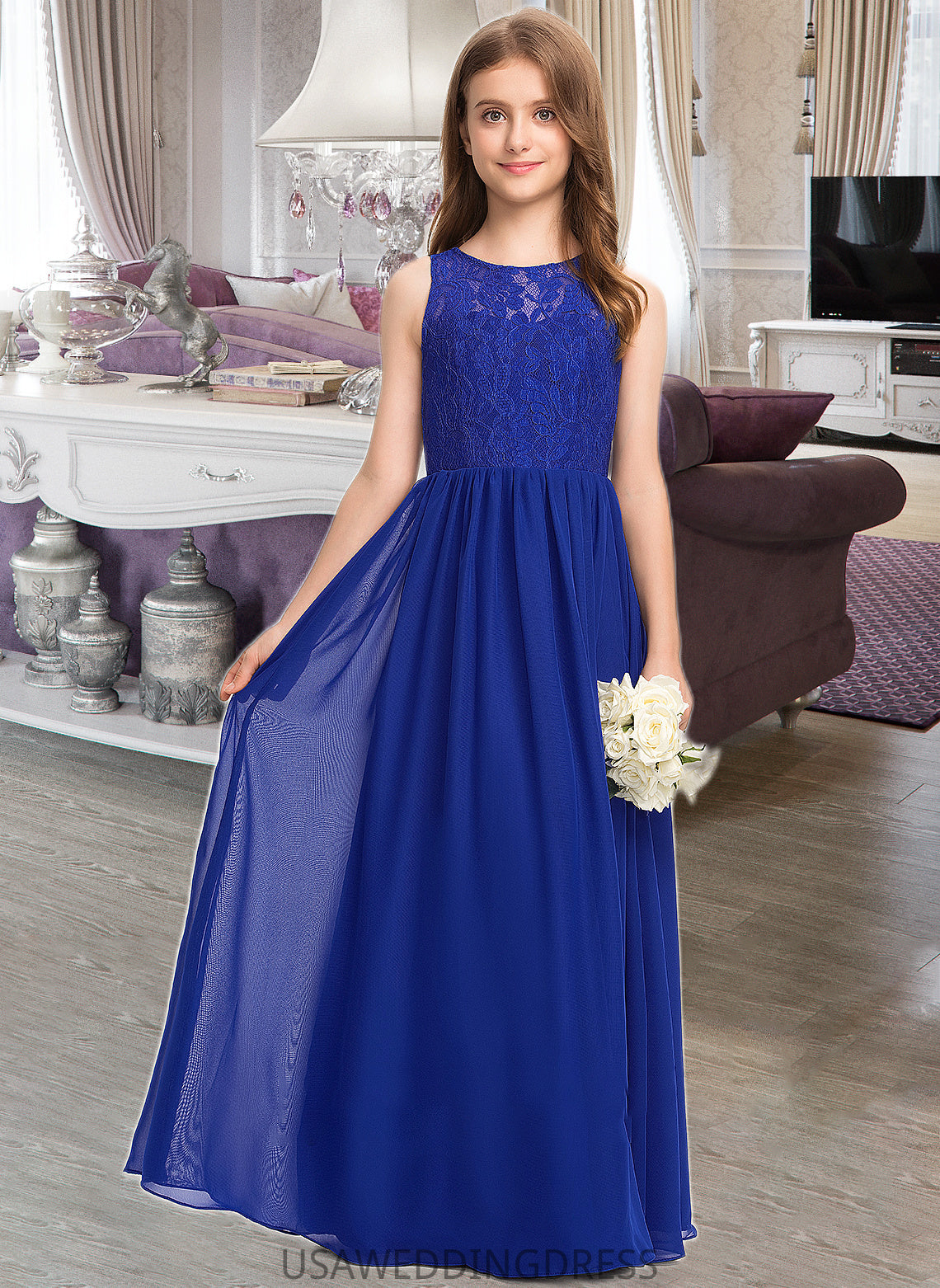 Kaylie A-Line Scoop Neck Floor-Length Chiffon Lace Junior Bridesmaid Dress DSP0013469