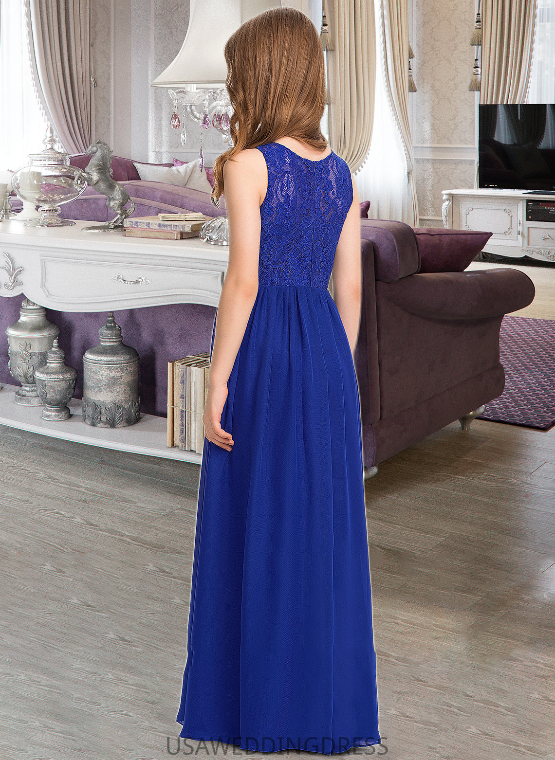 Kaylie A-Line Scoop Neck Floor-Length Chiffon Lace Junior Bridesmaid Dress DSP0013469