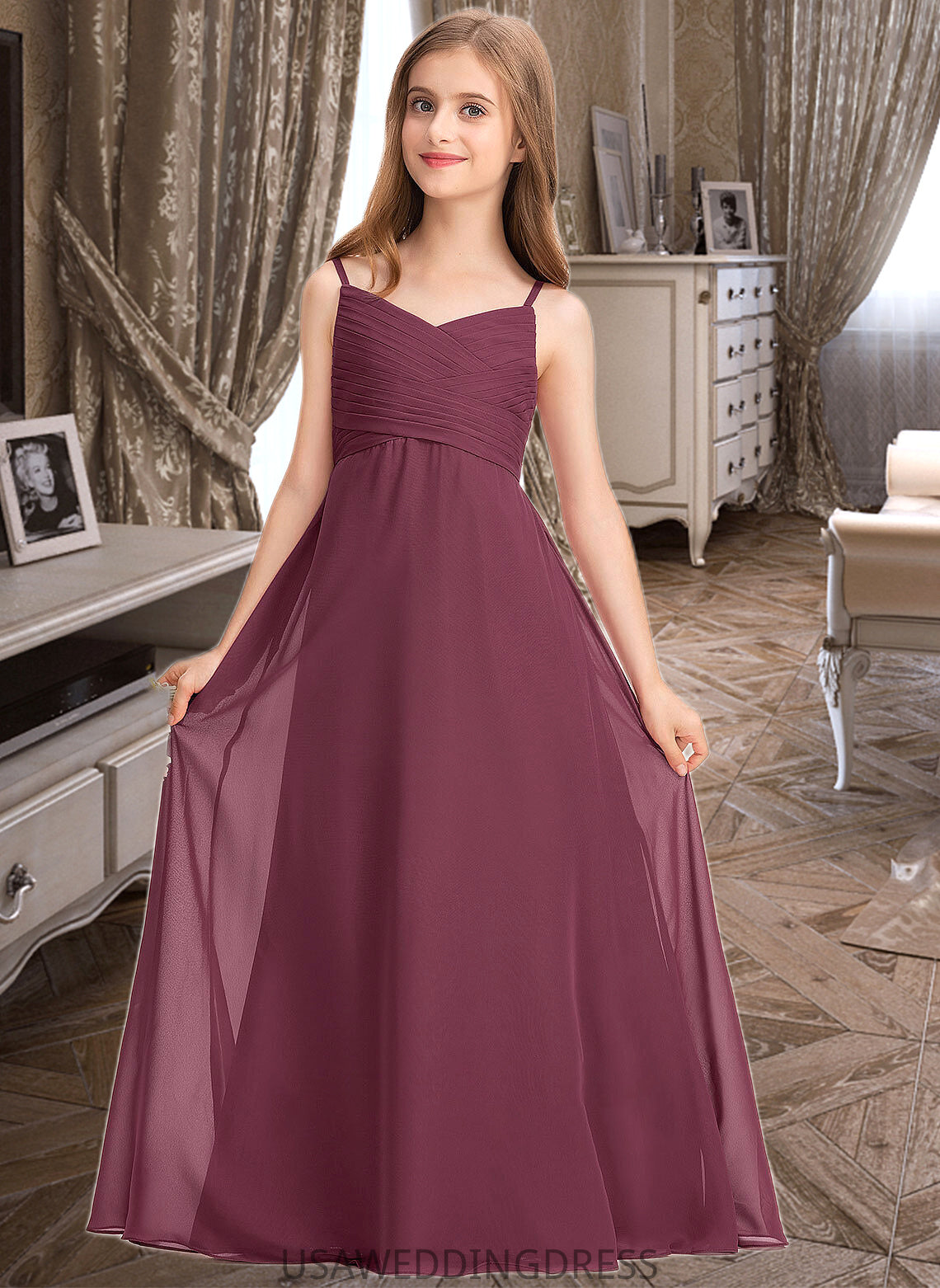 Naomi A-Line Sweetheart Floor-Length Chiffon Junior Bridesmaid Dress With Ruffle DSP0013470